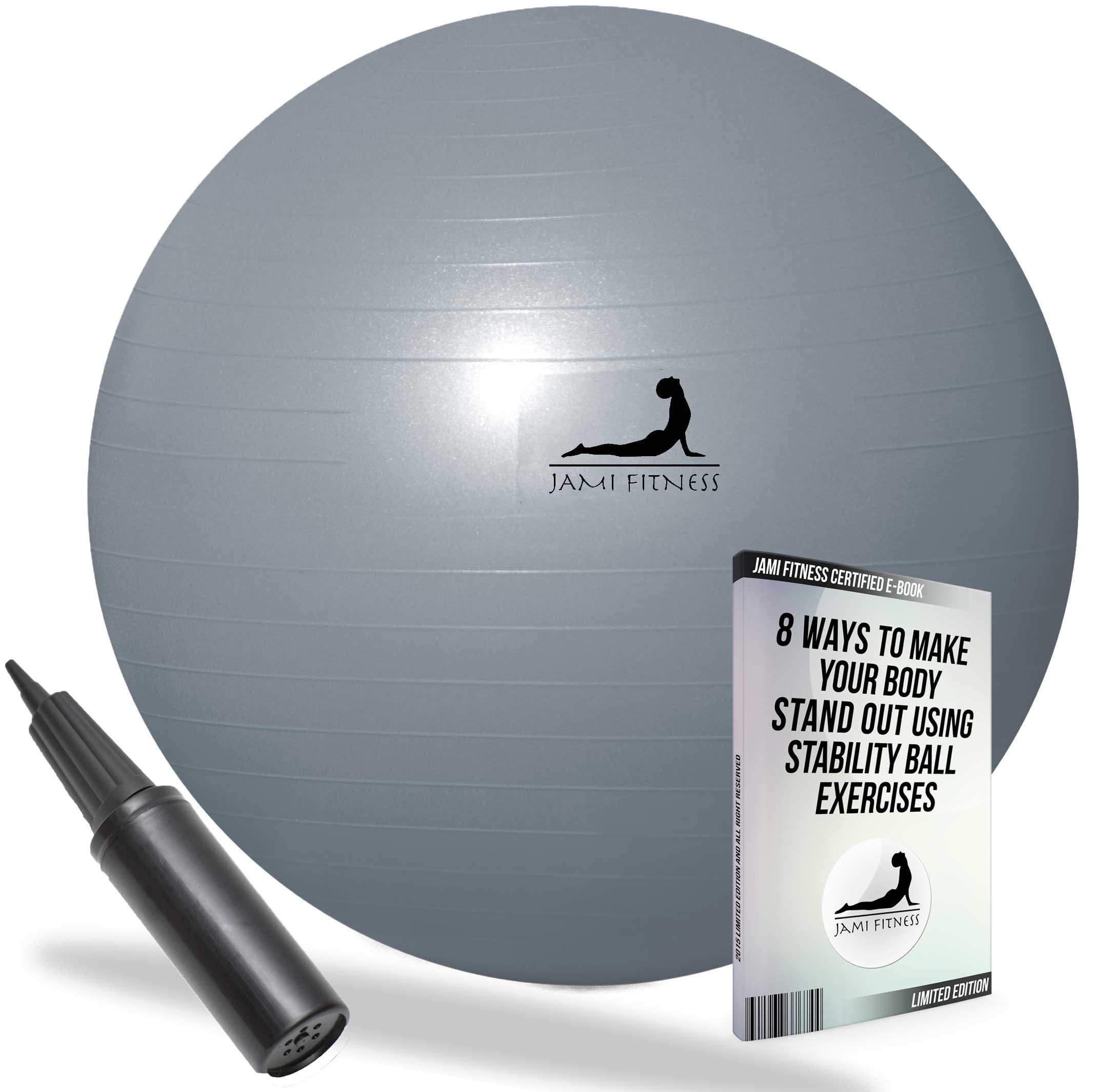 Exercise Ball Premium Quality - 75cm - Black Pump - Ebook - Grey Color Swiss Ball - Yoga Ball Anti-Burst Technology - Slip-Resistant Stability Ball