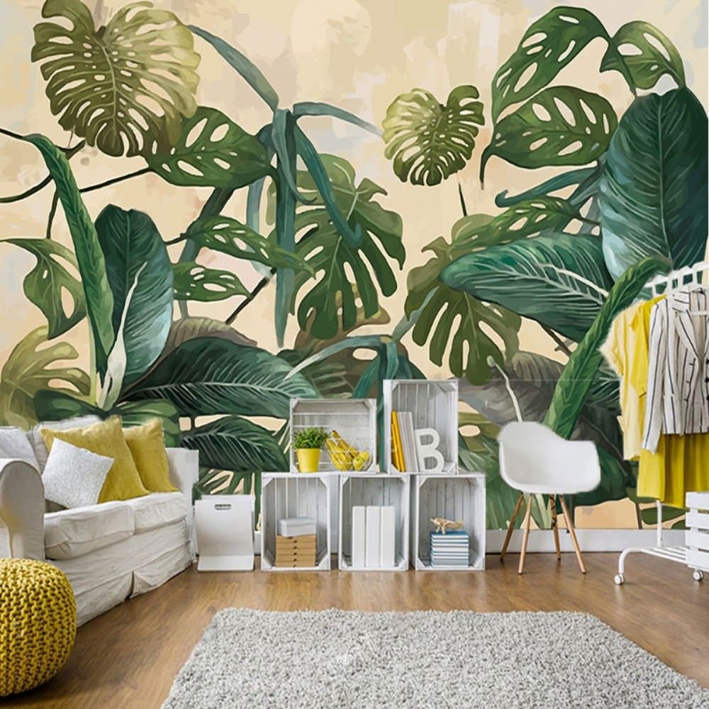 Colomac Wall Mural Retro Tropical Rain Forest Palm Banana Leaves Abstract Mural Suitable for Living Room Home Decor Sofa TV Background Hotel Wallpaper 98.4 Inch x 78.8 Inch