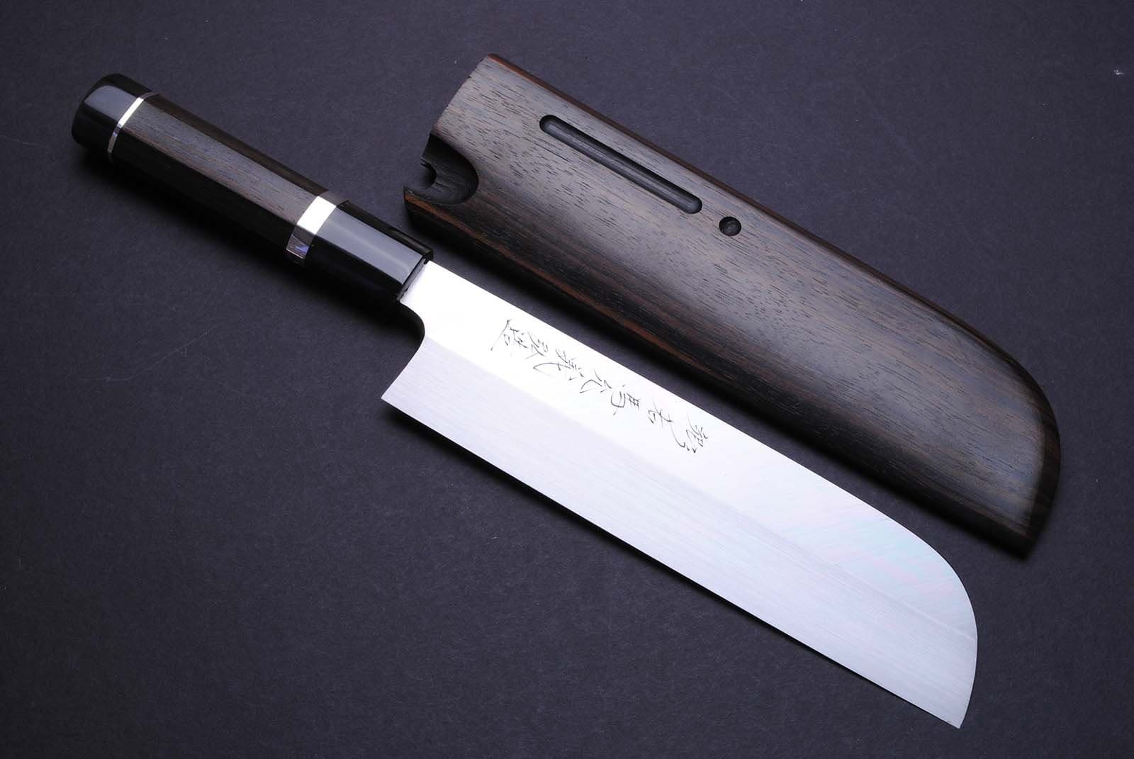 Yoshihiro White Steel#1 Mizuyaki Water Quenched Honyaki Mirror-Finished 9" Japanese Usuba Kama Gata Sushi Chef Knife w/Sterling Silver Double Bolster Octagonal EbonyHndle&Indented Ebony Saya