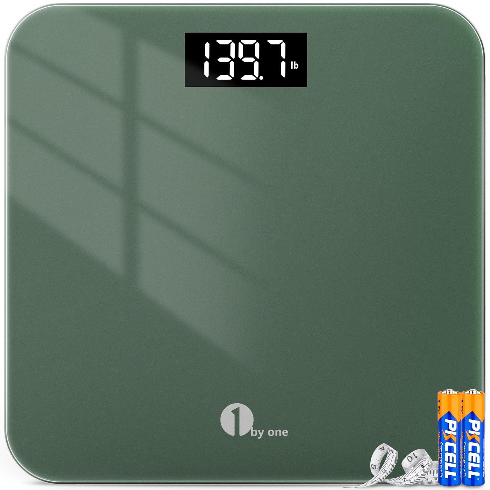 1byone Scale for Body Weight, Digital Bathroom Scale Accurate Weighing Machine for People, Bath Scale with LED Display, 6mm Tempered Glass, Tape Measure and Batteries Included Green,400 lbs