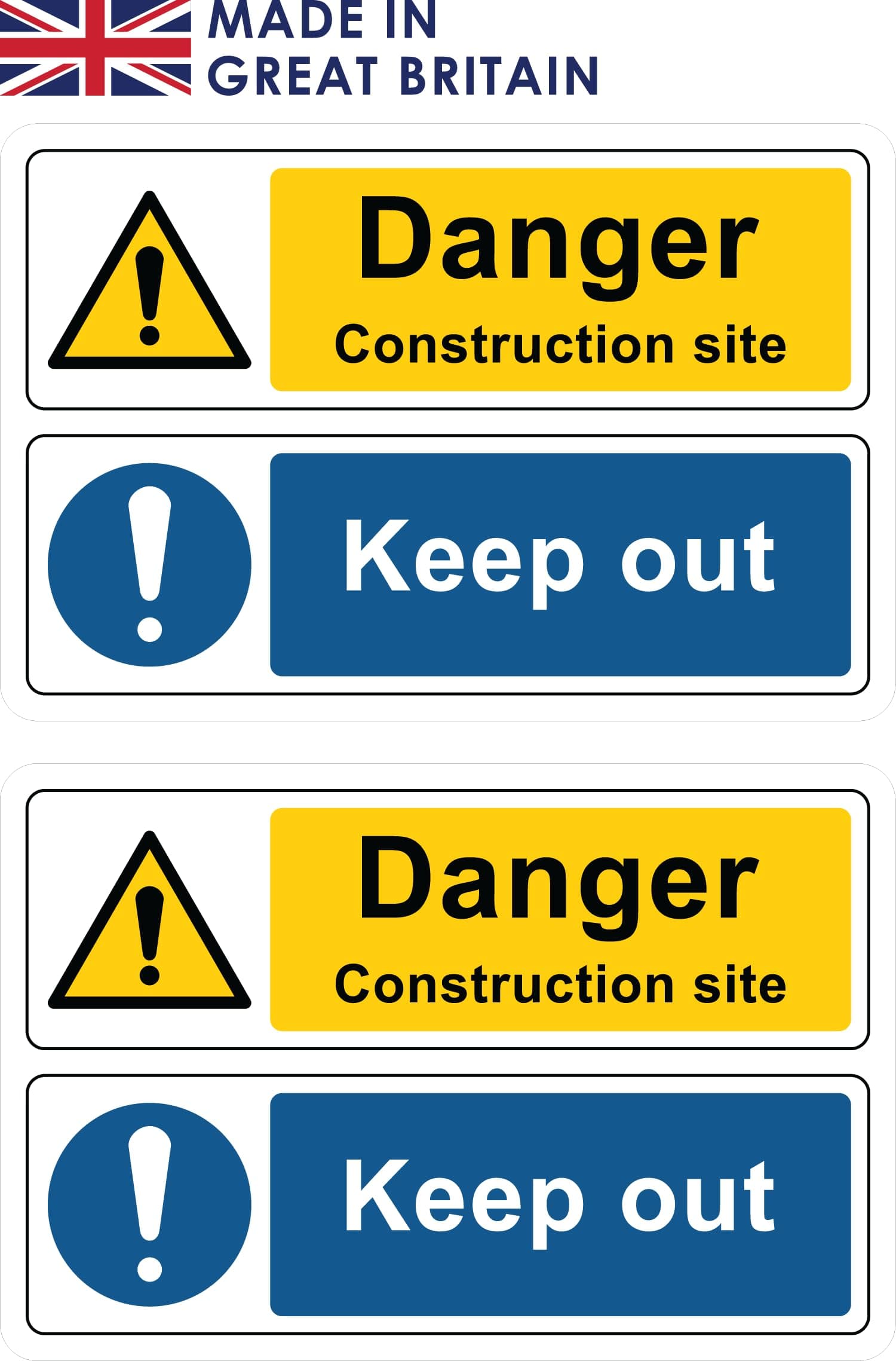Pack of 2 signs 300mm x 200mm x 3mm with rounded corners - Danger construction site Keep out (with brass eyelets)