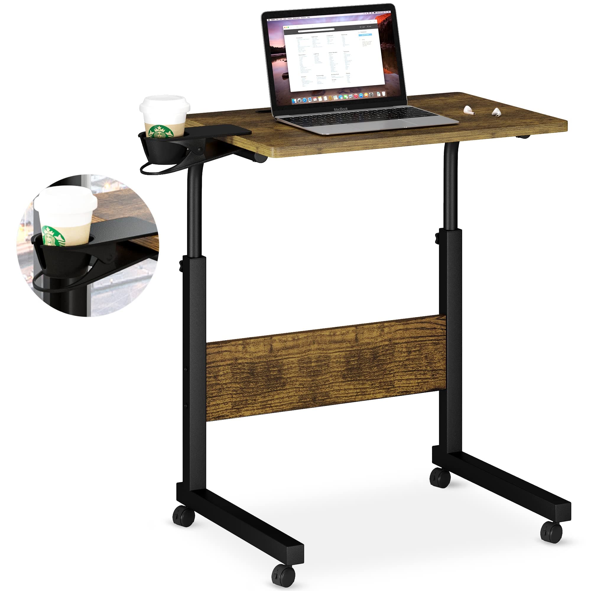 KlviedStanding Desk Adjustable Height, Stand Up Desk with Cup Holder, Portable and Easy to Move Bedside Table, Ideal for Home or Office, Black，Walnut