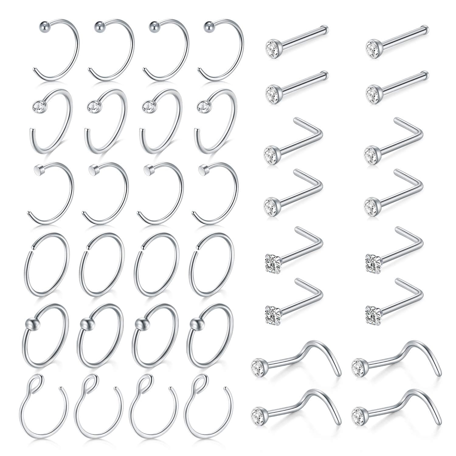 18 Nose Rings Studs Surgical Stainless Steel Hypoallergenic L Shaped Nose Piercing Jewelry for Women Men Silver Black Nostril Hoop Rings 18 Gauge