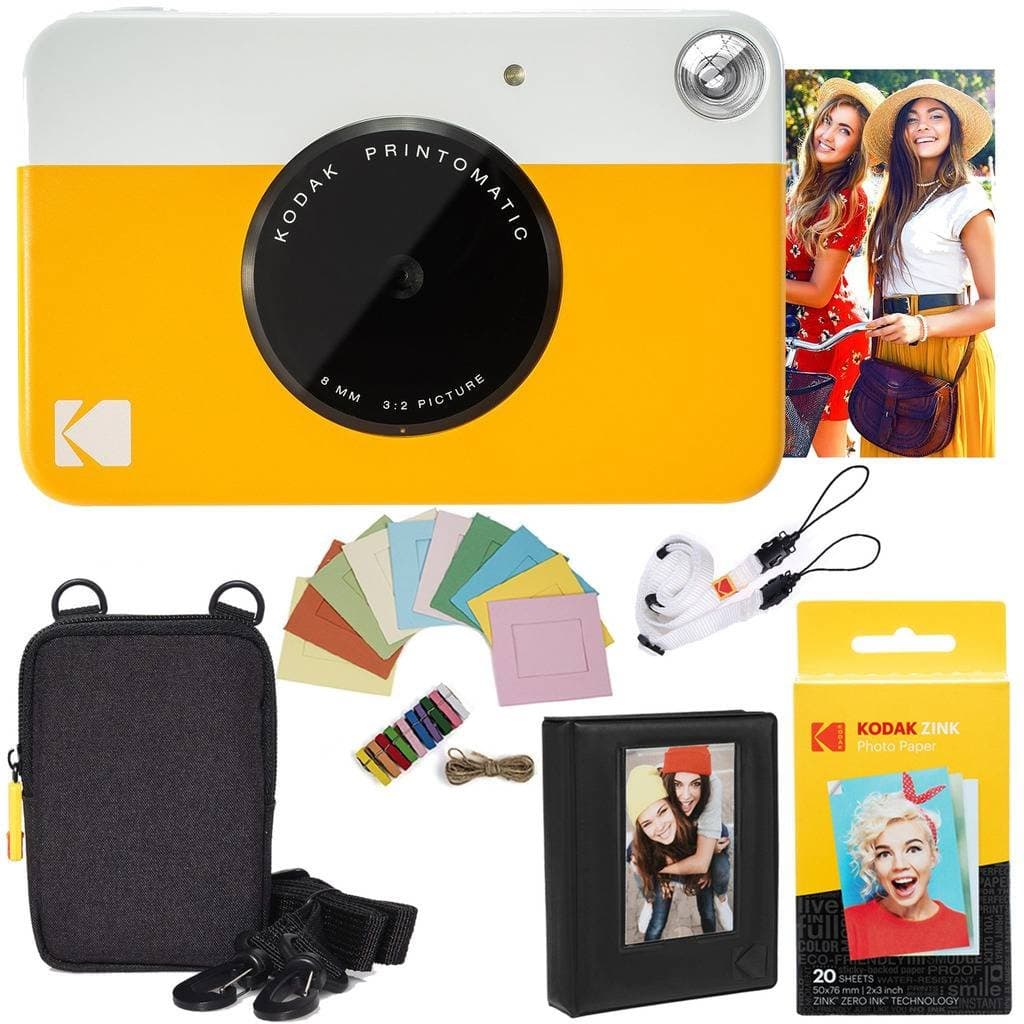 KODAK Printomatic Instant Camera (Yellow) Deluxe Bundle + Zink Paper (20 Sheets) Case - Photo Album