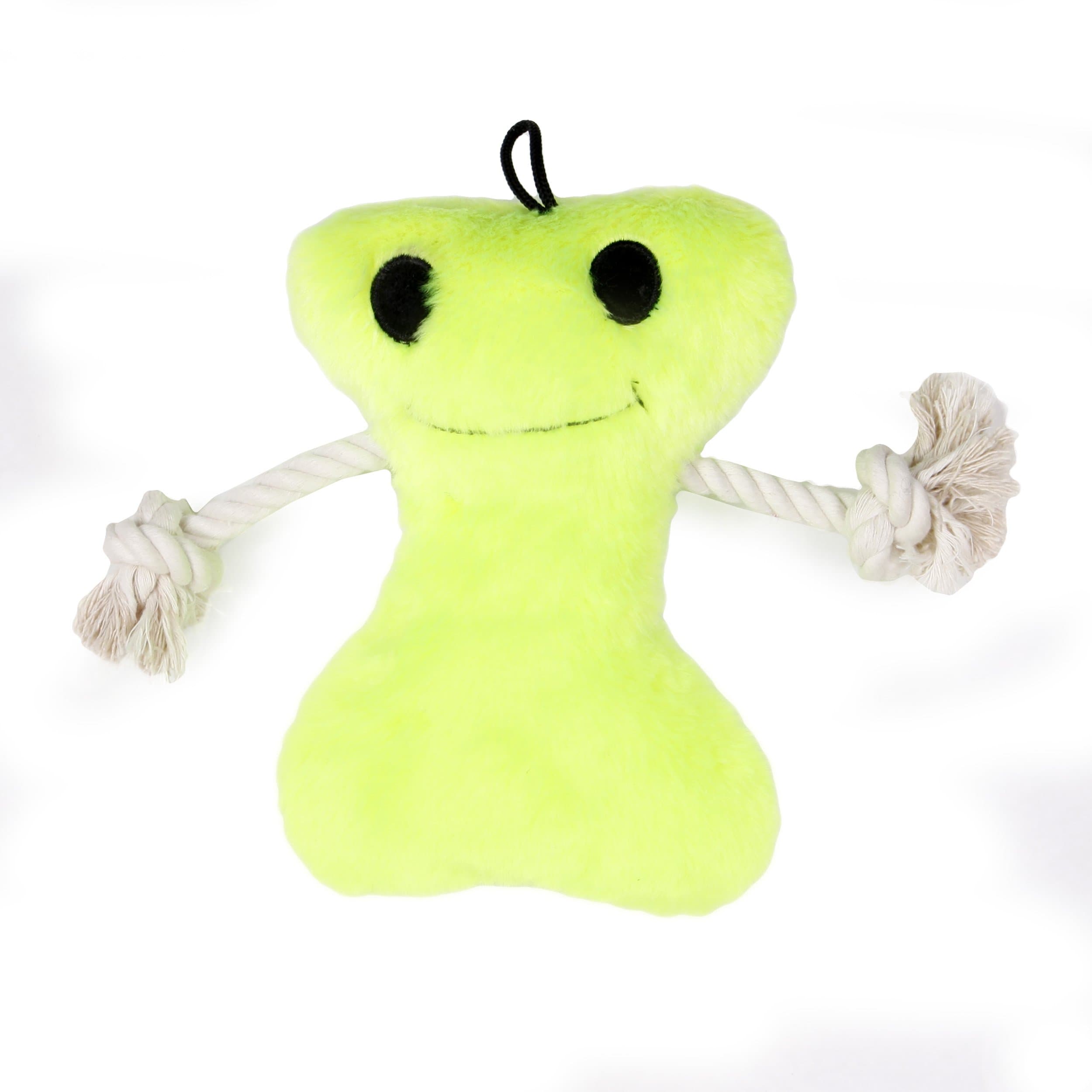 KRISLIN Plush Neon Green Bone Toy with Rope Arms, 7-Inch