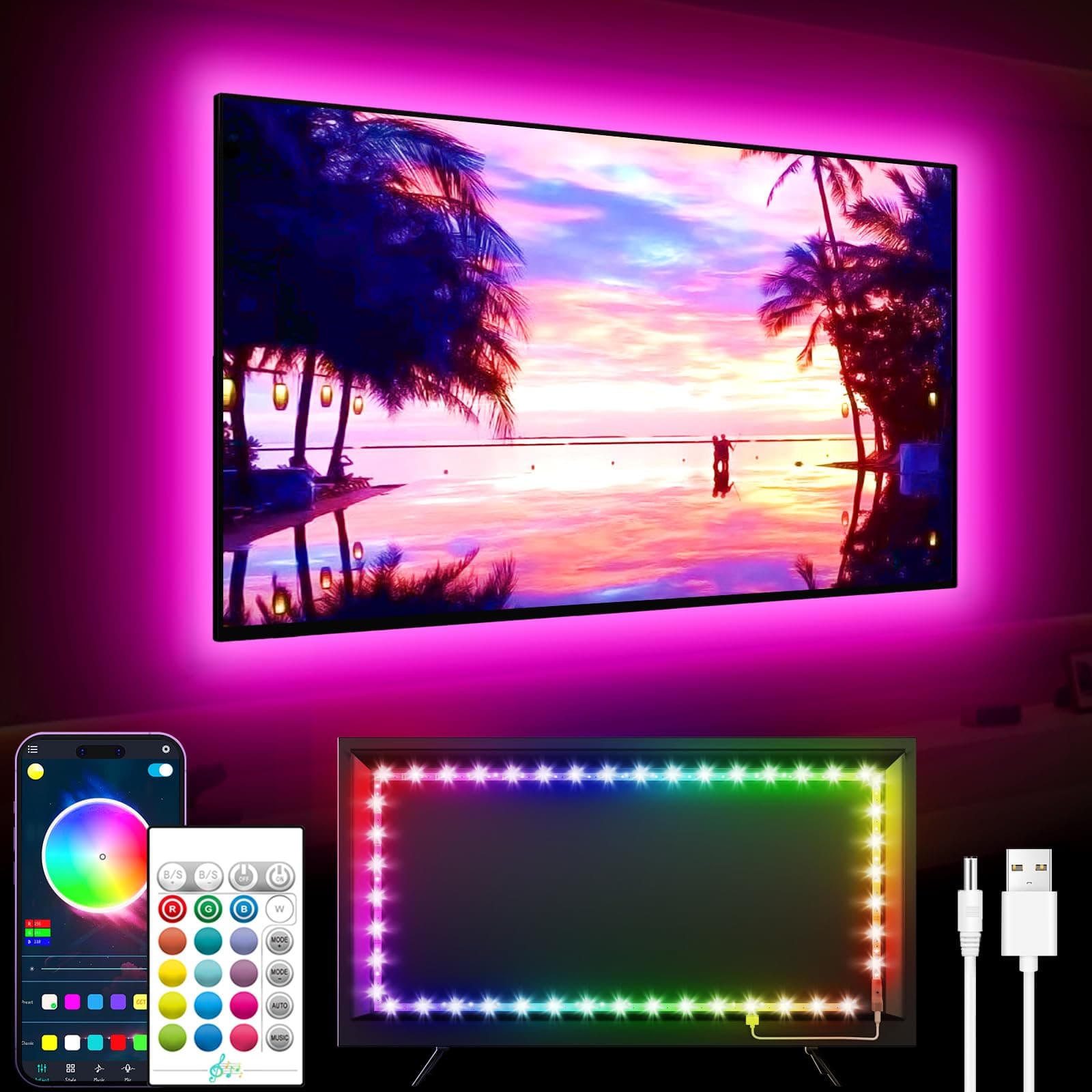 GIPOYENT Music Sync LED TV Backlight, RGB Color Changing Light Strip for 55-80 Inch TVs - Bluetooth Function, Home Theater (19.6ft)