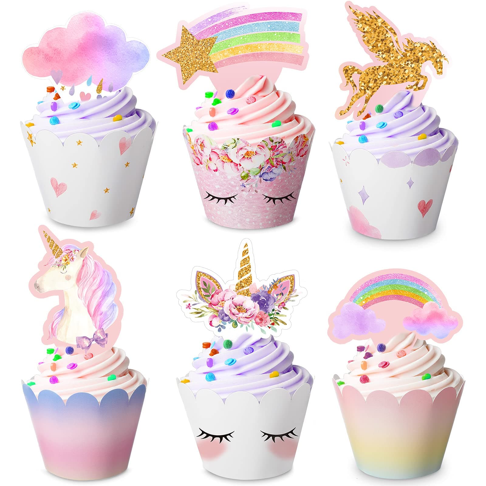 Censen 30 Pieces Unicorn Cupcake Toppers and Wrappers Decorations Unicorn Cup Cake Liners Rainbow Birthday Party Supplies Rainbow Topper Decorations for Girls Women Birthday Party