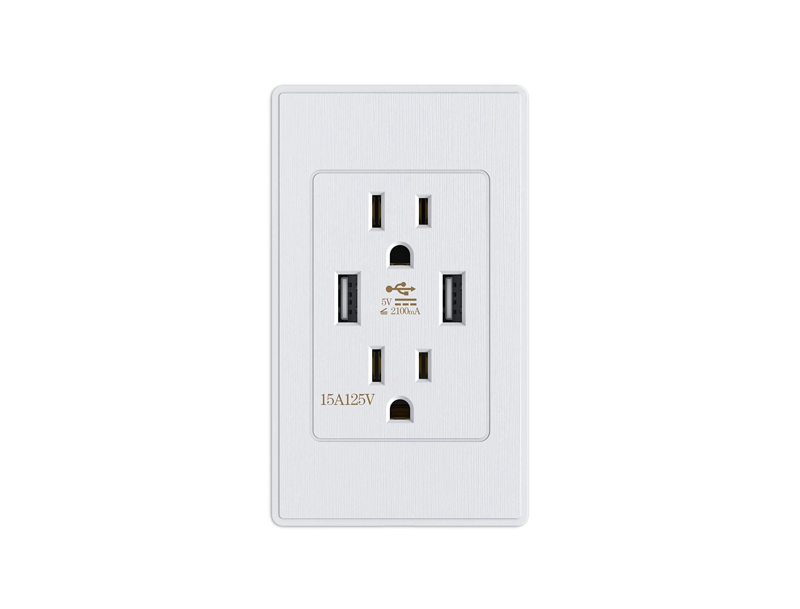 Kungfuking Standard outlet 2 Socket 15 Amp Electrical Receptacle Outlet & Dual USB Ports Wall Mount with Wall Plate Power Plate