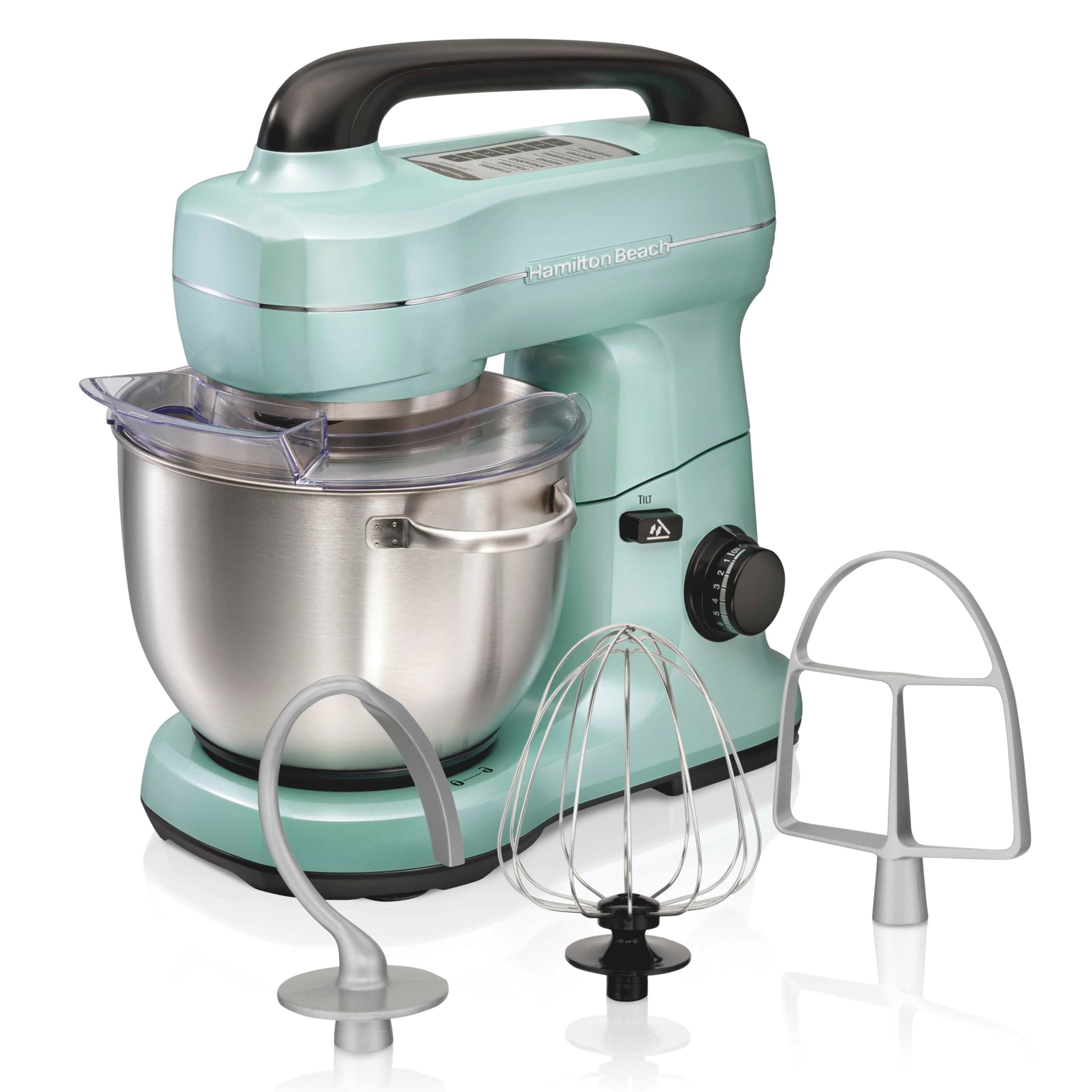 Electric Stand Mixer, 4 Quarts, Dough Hook, Flat Beater Attachments, Splash Guard, 7 Speeds with Whisk, Easy-Carry Top Handle, Aqua