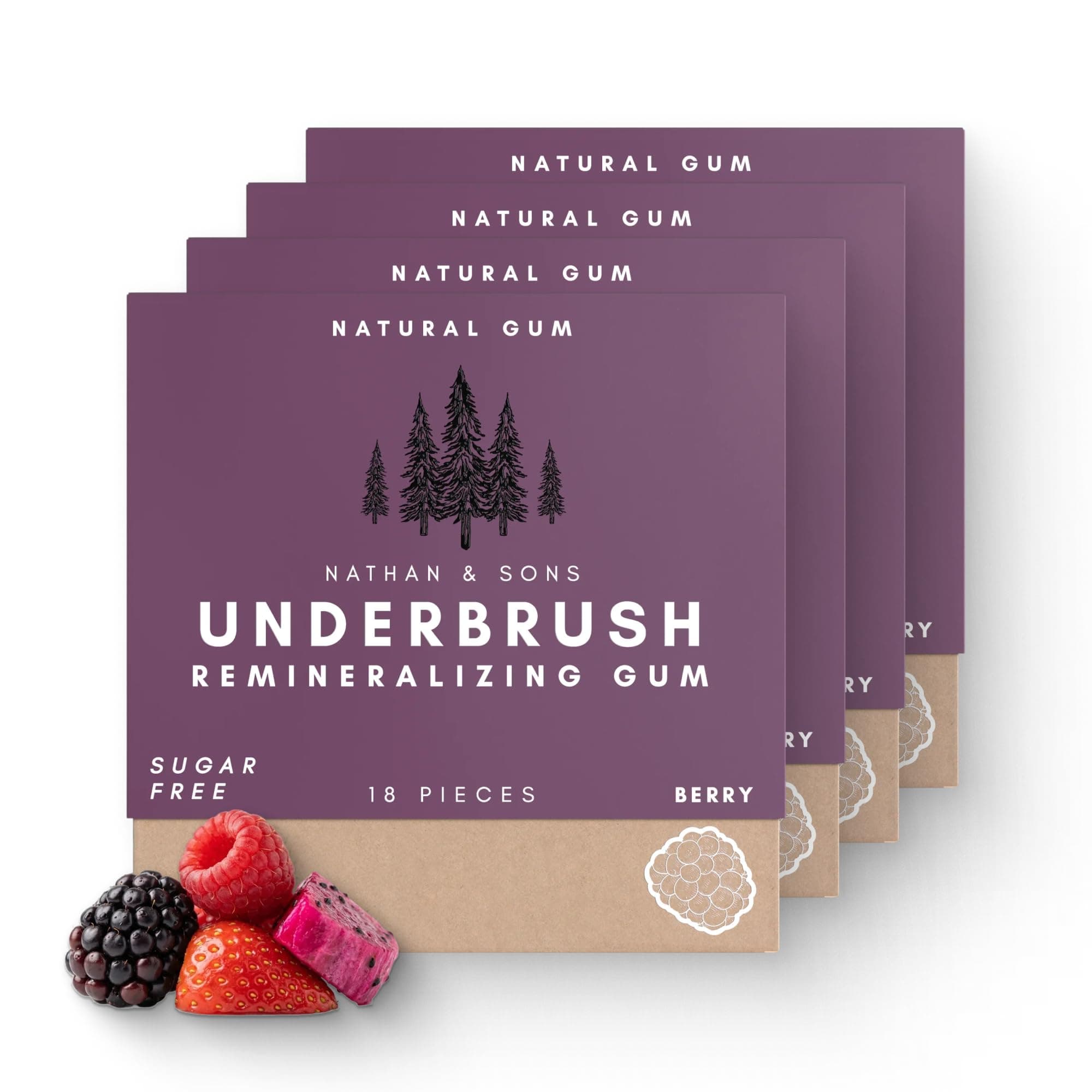 Underbrush Berry Remineralizing Gum, Sugar Free Xylitol Gum with Hydroxyapatite, Supports Fresh Breath and Oral Health, Tree Sap Base, Gluten Free, No Sucralose or Aspartame, 4 Pack