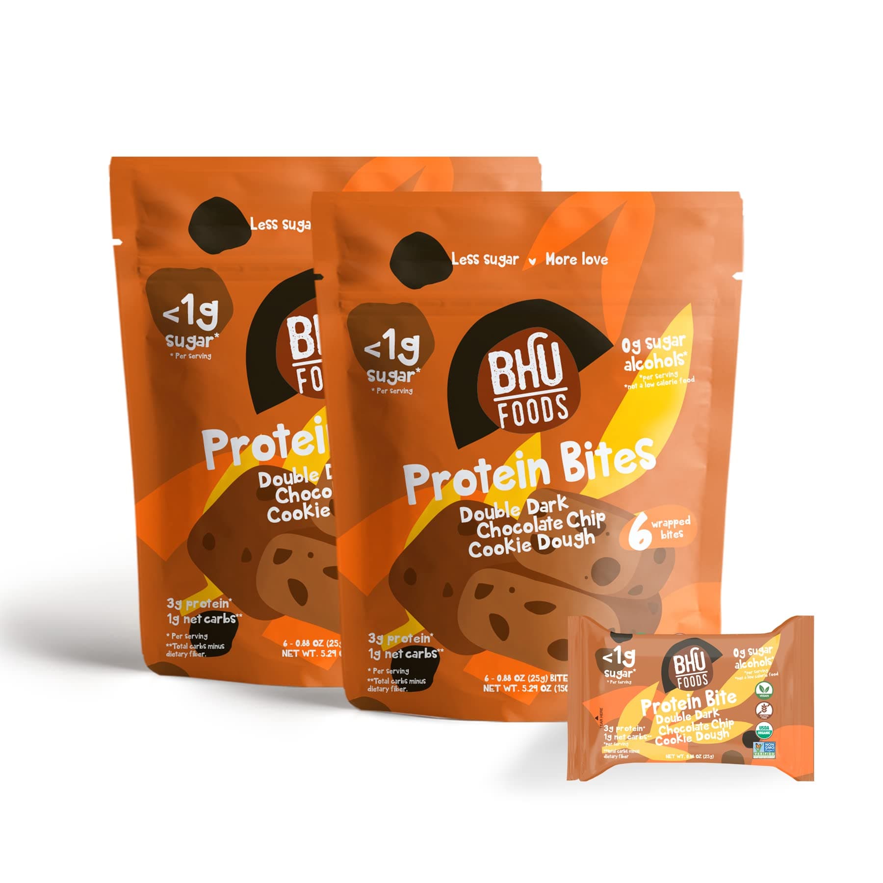 Bhu Foods Keto Bites, Double Dark Chocolate Chip Cookie Dough, Organic Snacks for Adults & Kids, Gluten Free, Vegan, Low Carb & Sugar, Individually Wrapped (2 Pack)USDA Organic