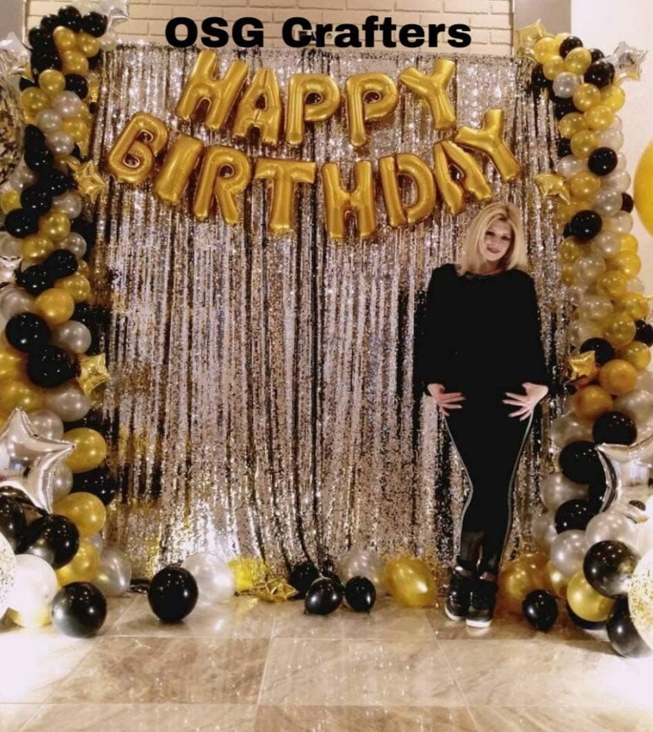Happy Birthday Letter Foil Balloon Set of Gold + 2 Pieces Silver Fringe Curtain (3 X 6 Feet) + Pack of 60 Pieces Metallic Balloons (Black, Gold and Silver)
