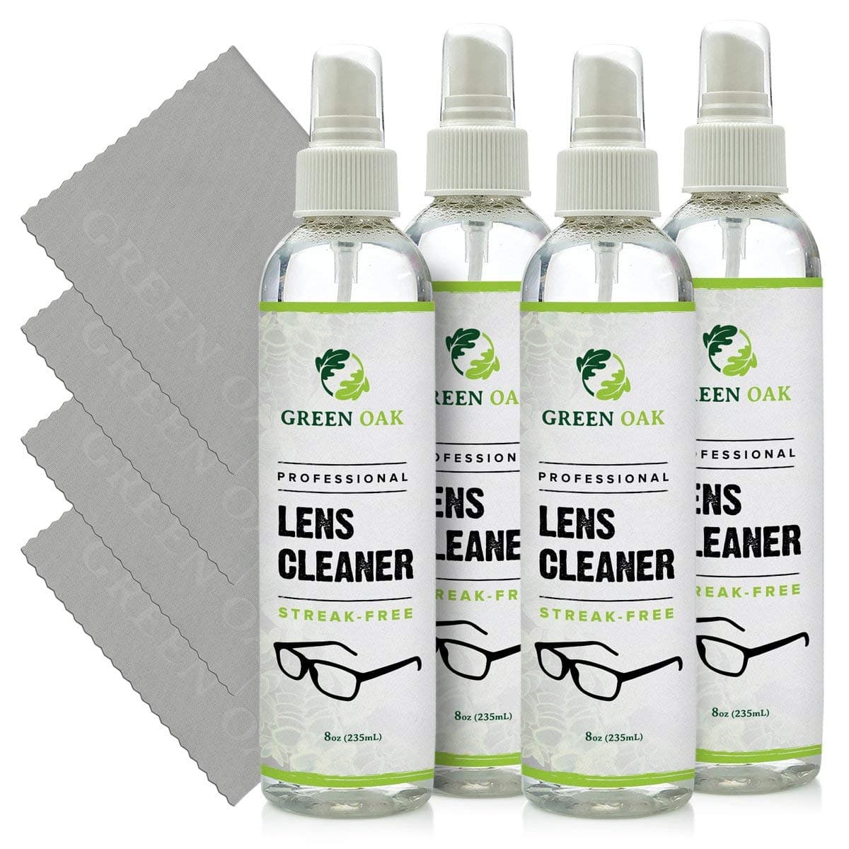 Lens Cleaner Spray Kit – Green Oak Professional Lens Cleaner Spray with Microfiber Cloths – Best for Eyeglasses, Cameras, and Lenses - Safely Cleans Fingerprints, Dust, Oil (8oz 4-Pack)