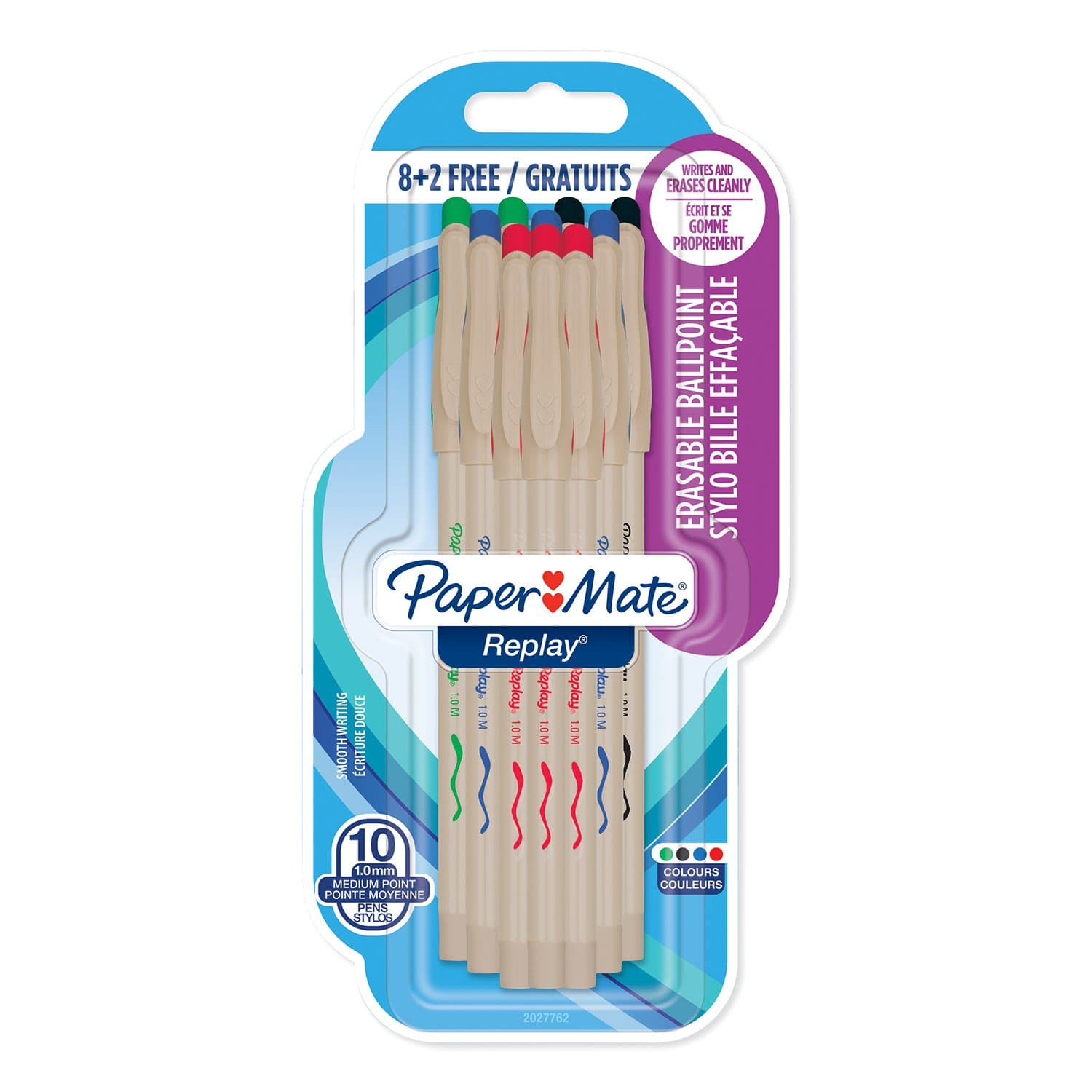Paper Mate2027762, 1.0 mm Replay Erasable Ballpoint Pen, Medium Point, Assorted Colors, Pack of 8+2