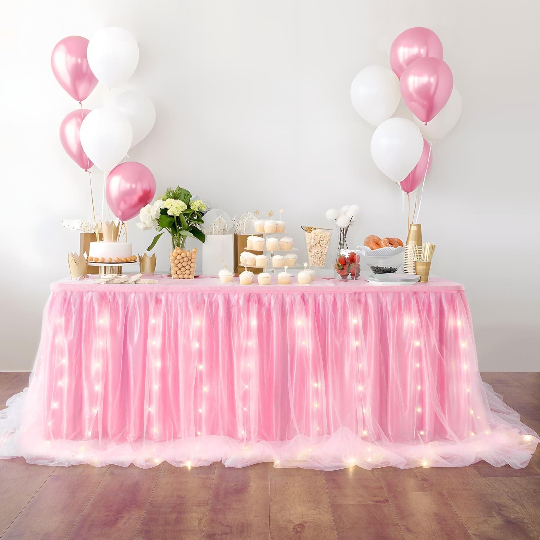 LED Table Skirt 6ft Pink Tulle Table Skirt Tutu Table Skirting for Rectangle or Round Table for Baby Shower Wedding and Birthday Party Decoration (L6(ft) H 30in)