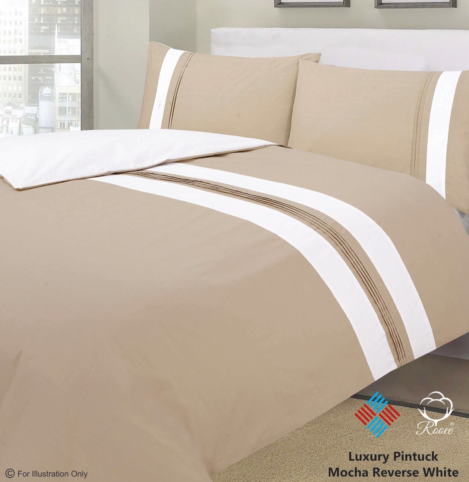 ROOEE - LUXURY PINTUCK MOCHA REVERSE WHITE - DUVET SET - BEDDING SET QUILT COVER PILLOW CASE - SUPREME QUALITY