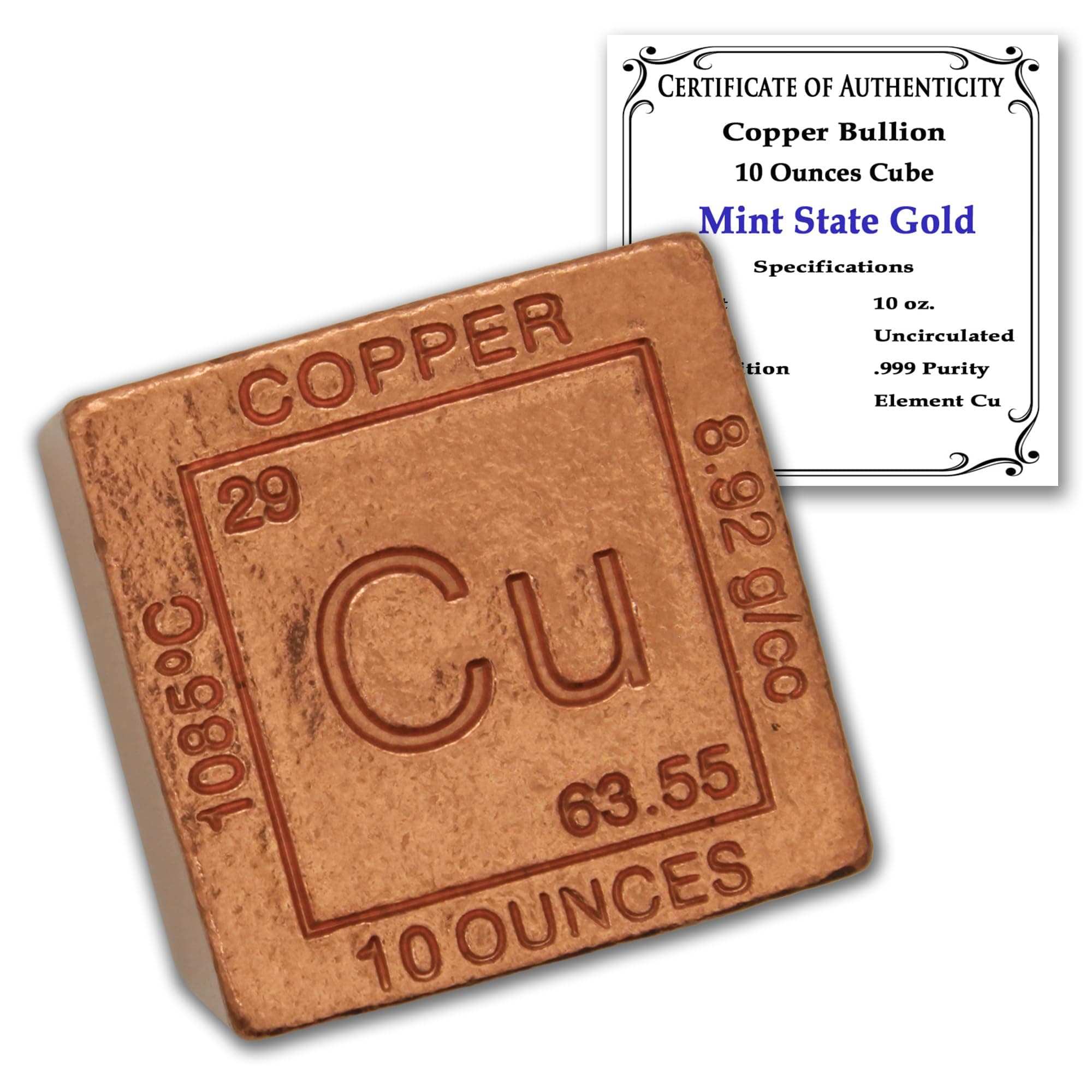 Copper Cube Paperweight 10 oz - 999 Pure Chemistry Element Design with Certificate of Authenticity by Mint State Gold