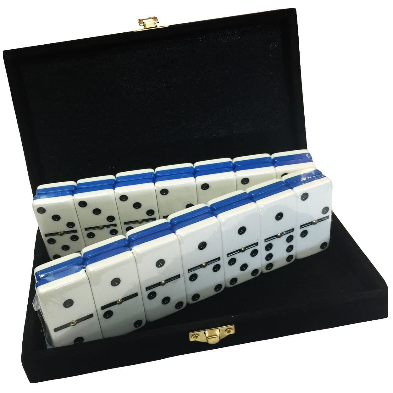 Marion Domino Double 6 Blue & White Two Tone Jumbo Tournament Professional Size with Spinners in Elegant Black Velvet Case.