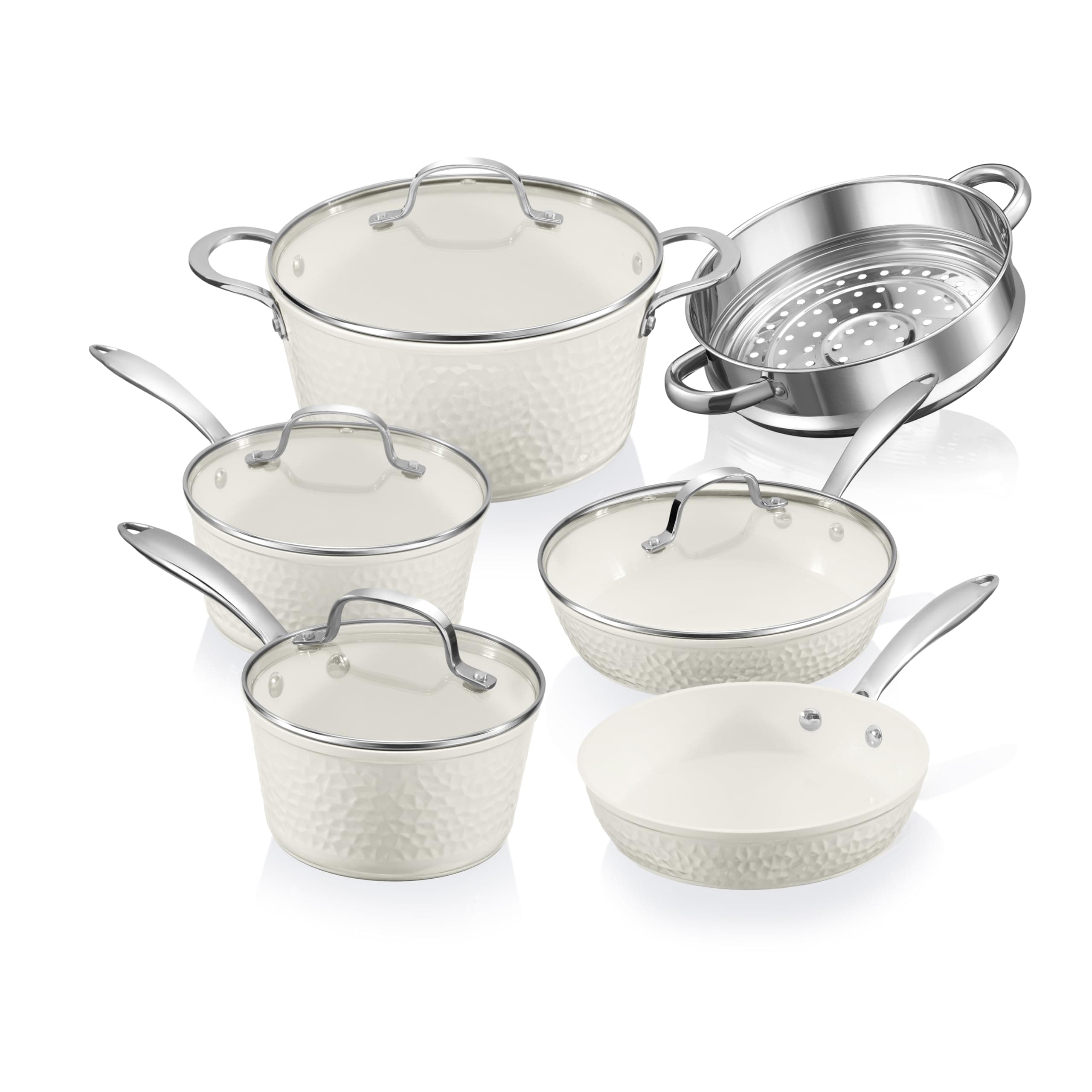 15 PC Hammered Pots and Pans Sets Non Stick, Induction Hob Pan Set + Pot Set, Non Toxic Cookware Set/Ceramic Cookware Set, Complete Kitchen Set - Oven & Dishwasher Safe - Cream White