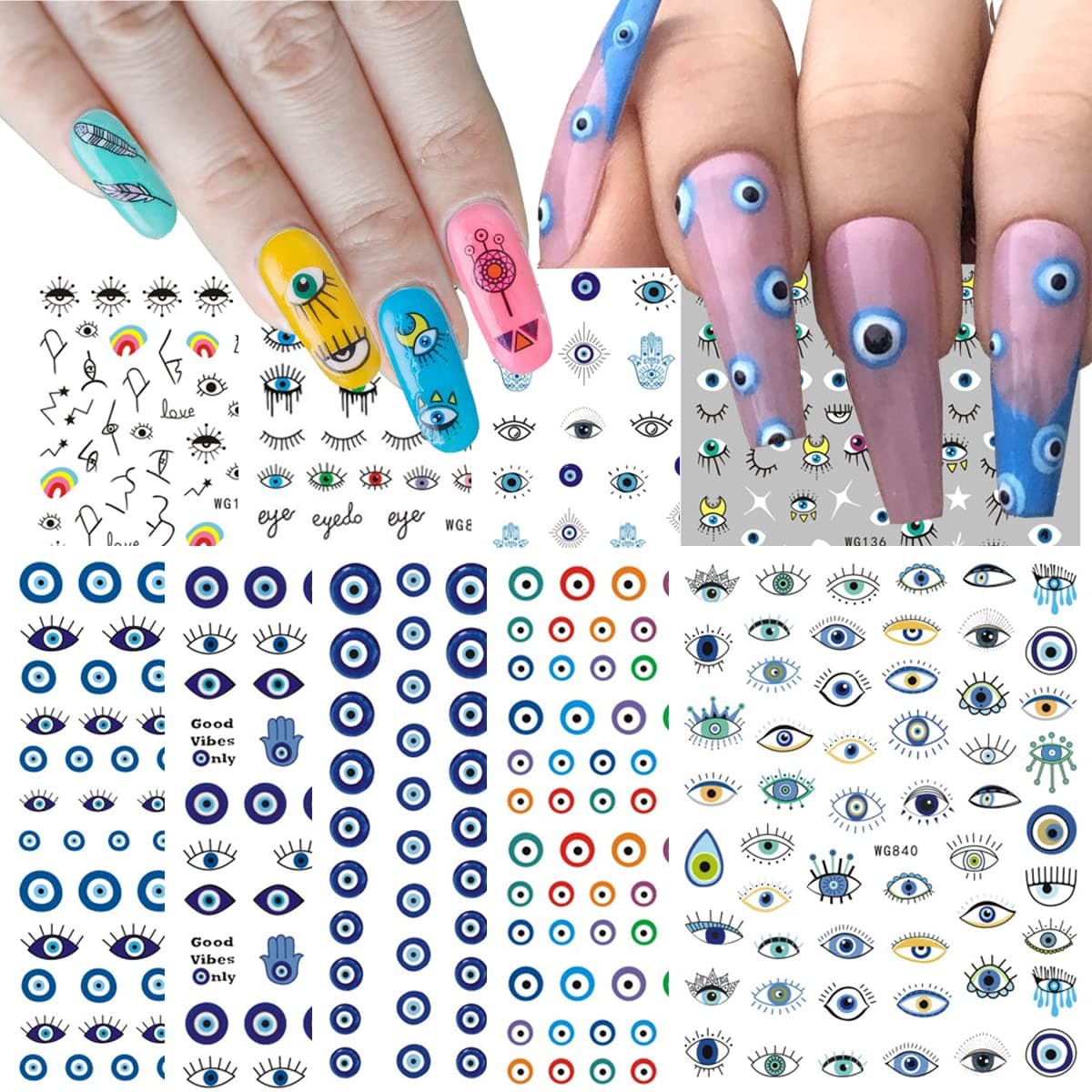 9 Sheets Evil Eye Nail Stickers for Nail Art, 3D Self-Adhesive Witch Nail Decals DIY Nail Art Supplies for Nail Decorations Designer Pegatinas para Uñas with Eyes Pattern Nails Designs Accessories
