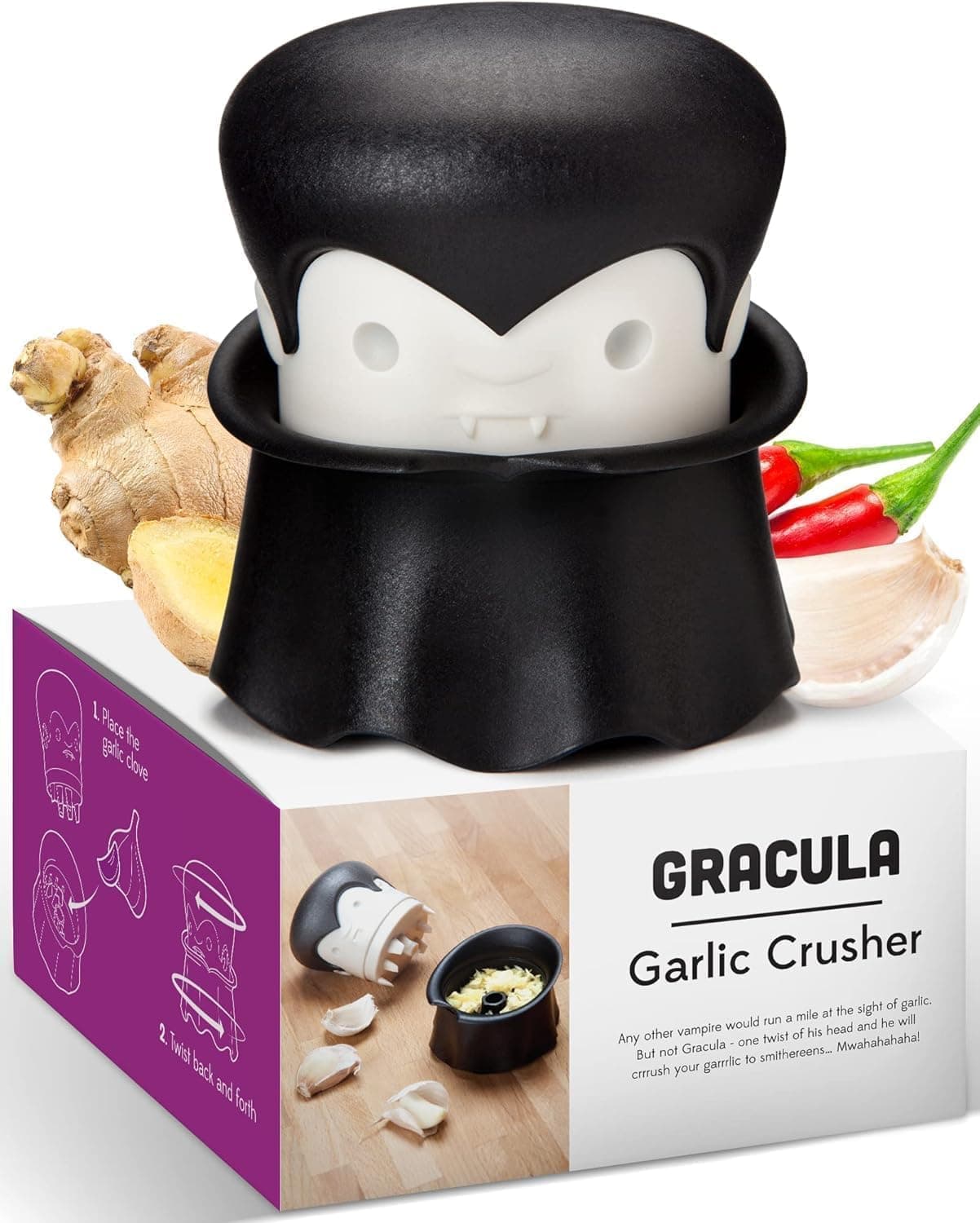 – OTOTO Gracula Garlic Press, Garlic Mincer, Garlic Peeler Crusher, Halloween Kitchen - Also for Ginger, Nuts, Chili, Herbs - Spooky Goth Gifts