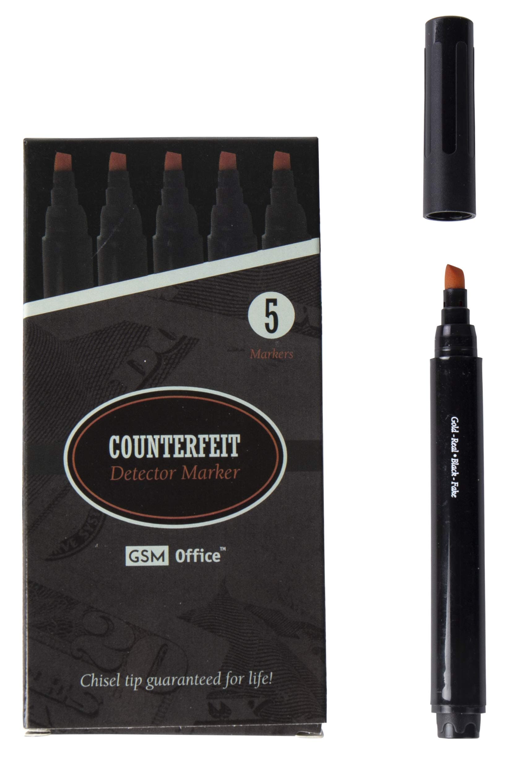 GSM Brands Counterfeit Money Bill Detector Pens, Markers - Detects Fake Currency - 5 Pack