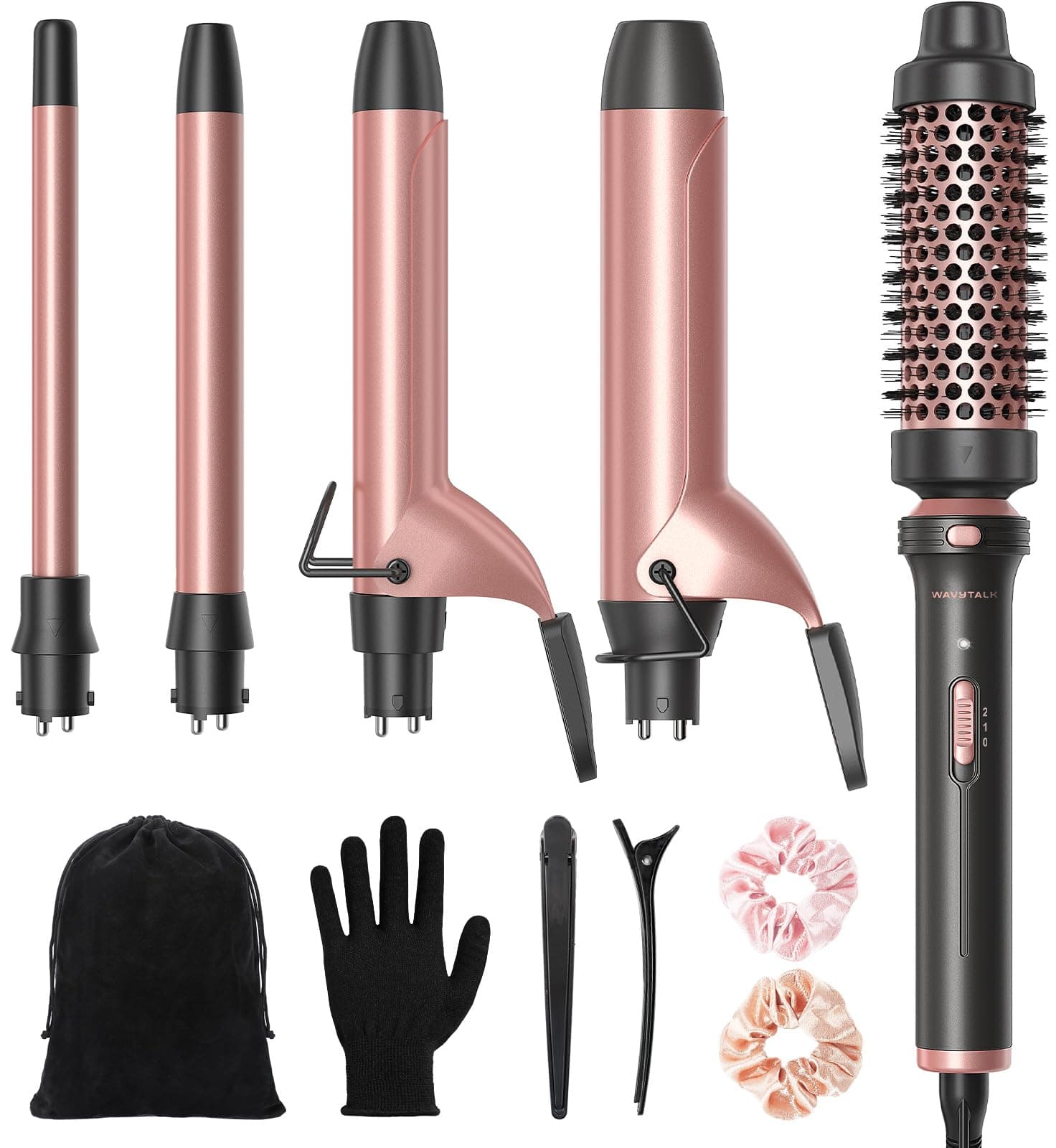 Wavytalk 5 in 1 Curling Iron,Curling Iron Set with Heated Round Brush and 4 Interchangeable Ceramic Curling Wand(0.5”-1.25"), Instant Heat Up,Dual Voltage Hair Curler