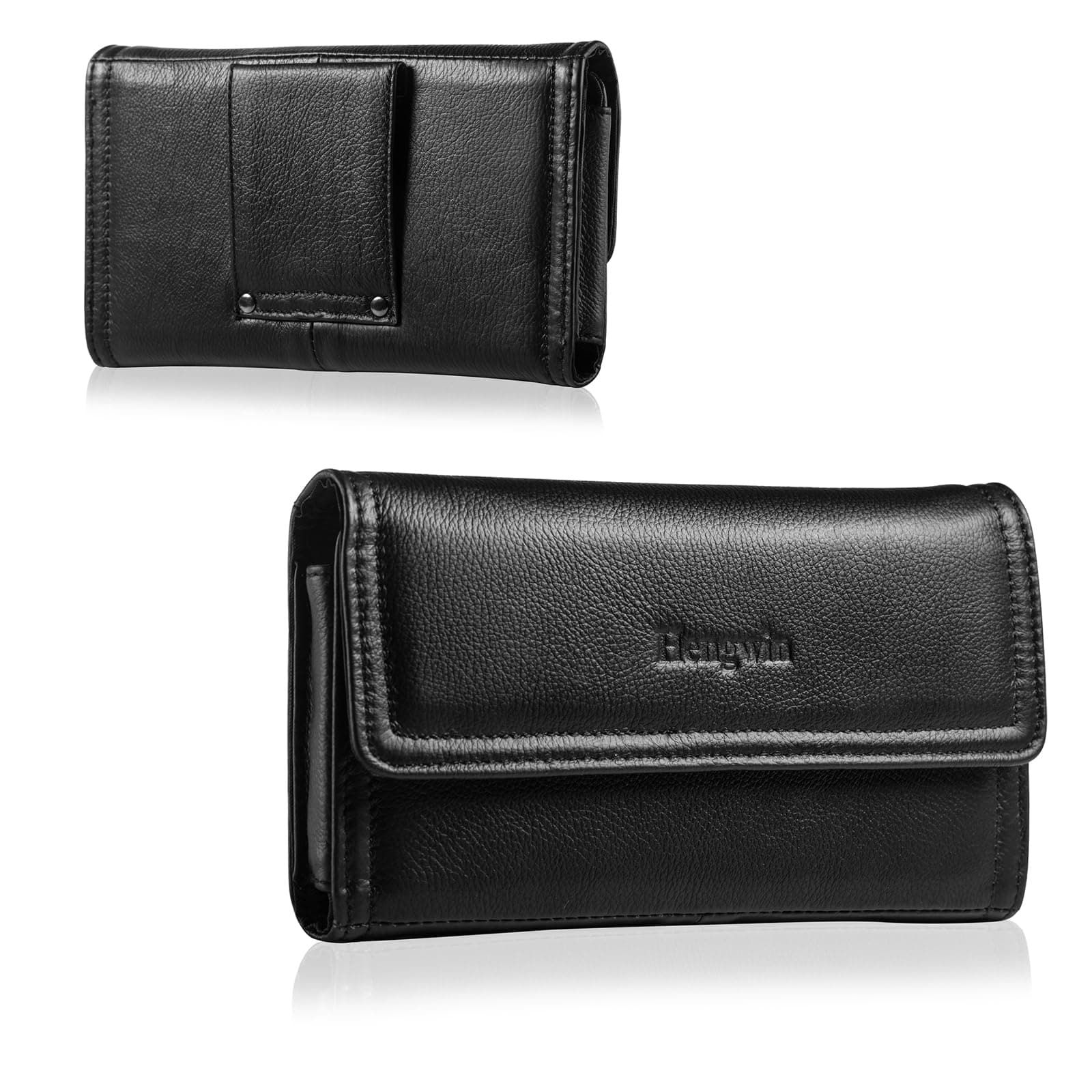 Hengwin Cell Phone Holder Men's Genuine Leather Holster, Compatible With iPhone 16 15 14 13 Pro Max/Plus, Cell Phone Case For Samsung Galaxy S25 S24 S23 UltraS25+ Cell Phone Belt Bag (Black)