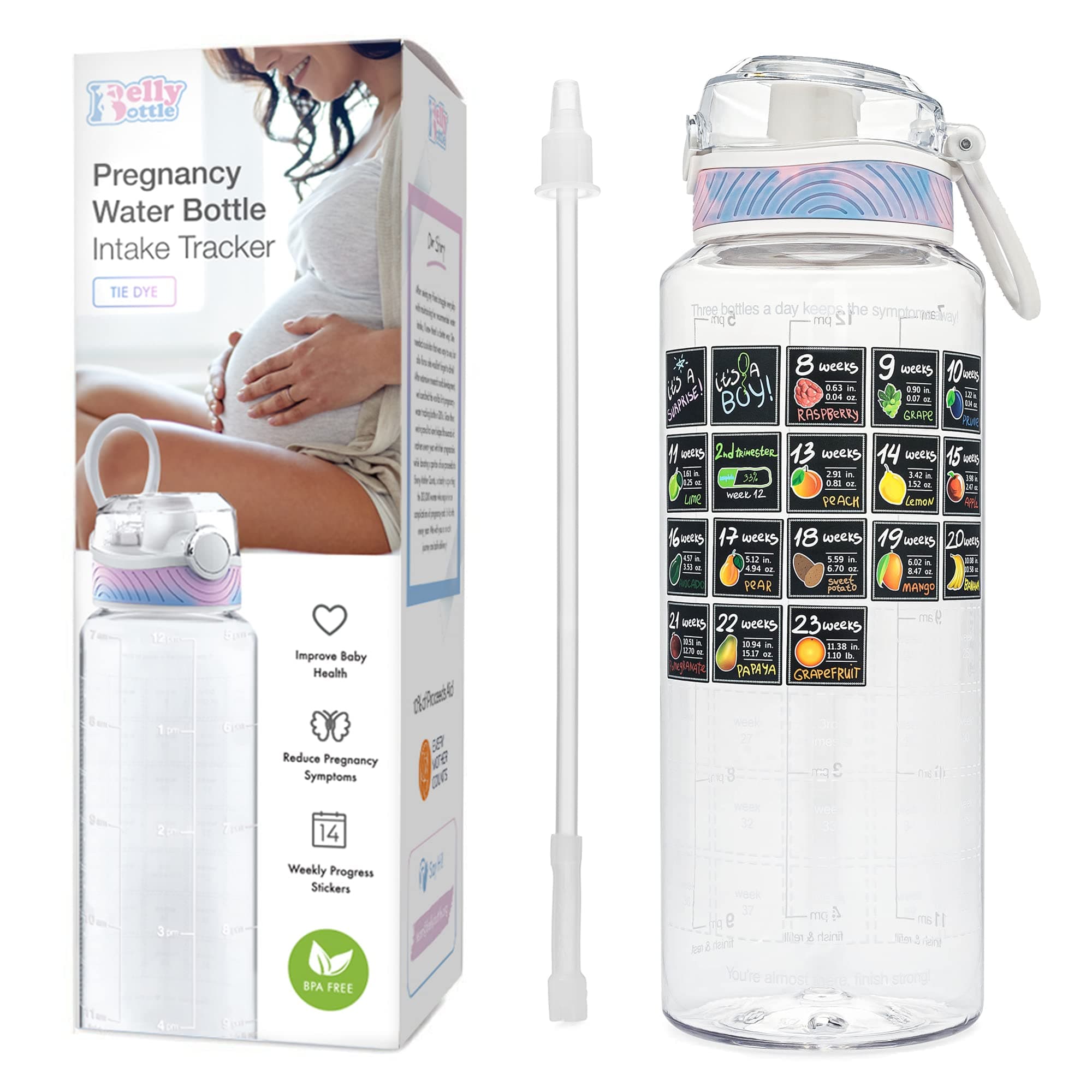 BellyBottle Pregnancy Water Bottle Tracker – Pregnancy Must Haves First Trimester – Pregnant Gifts for Expecting Mom – Essentials Nausea Relief – Weekly Stickers + Straw + BPA Free – Tidye