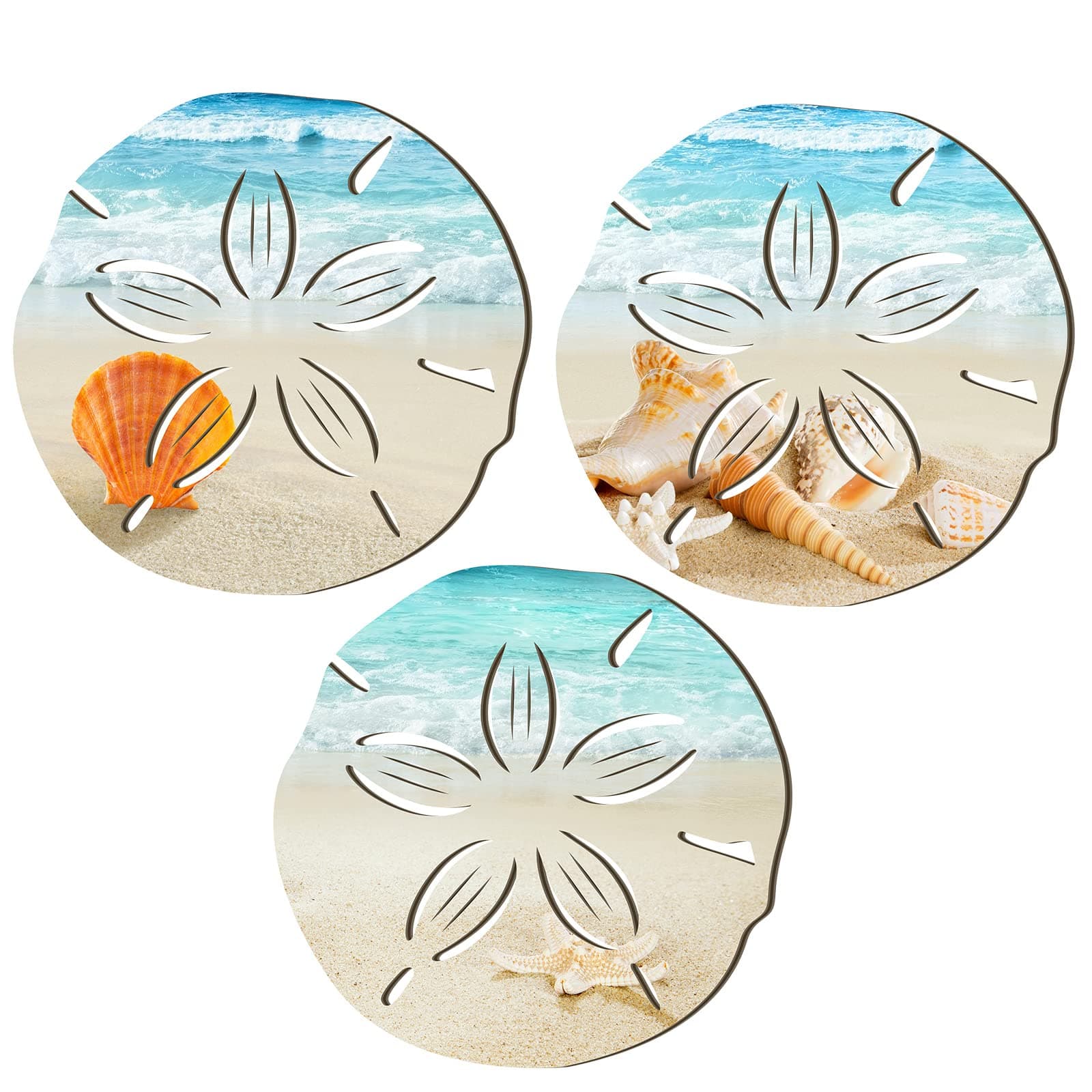 Tatuo 3 Pcs Summer Coastal Wall Decor Beach Wall Art Decor Blue Sea Turtle Surfboard Seahorse Starfish Seashell Conches Crabs Sea Life Decor for Bathroom Bedroom Home (Sand Dollar Style)