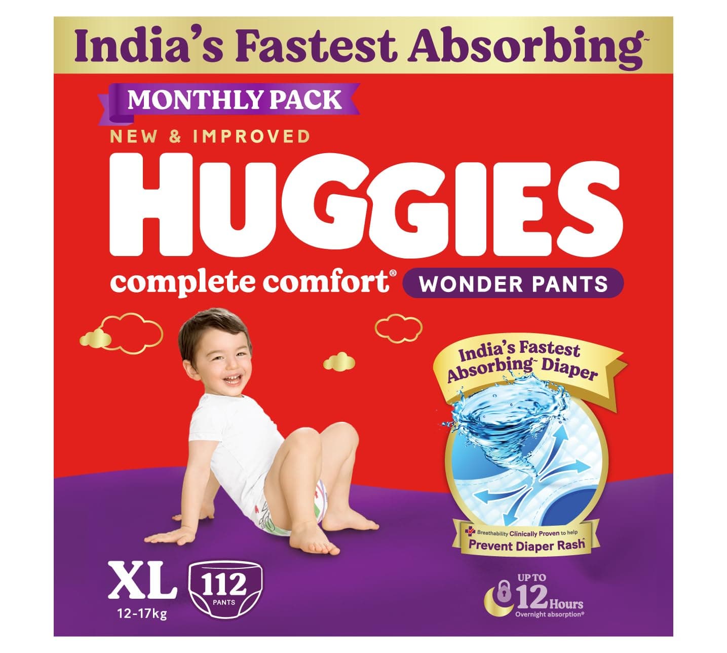 Complete Comfort Wonder Pants | Pant Style Baby Diapers Extra Large Size, 112 Count | India's Fastest Absorbing Diaper, Prevents Diaper Rash, Ideal for 12 to 17 Kgs (56 count, Pack of 2)