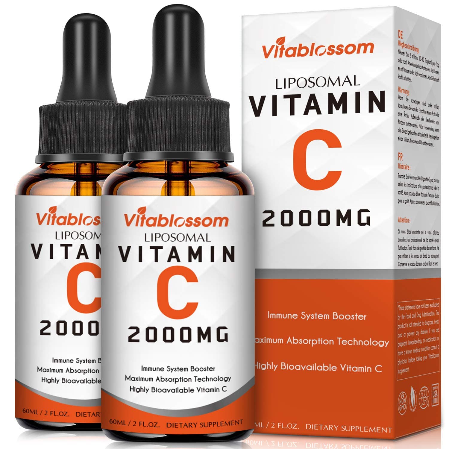 Maximum Absorption Liposomal Vitamin C | 2000MG | Greatly Supports Immune System & Collagen Health | Non GMO | Vegan Friendly | Pack of 2