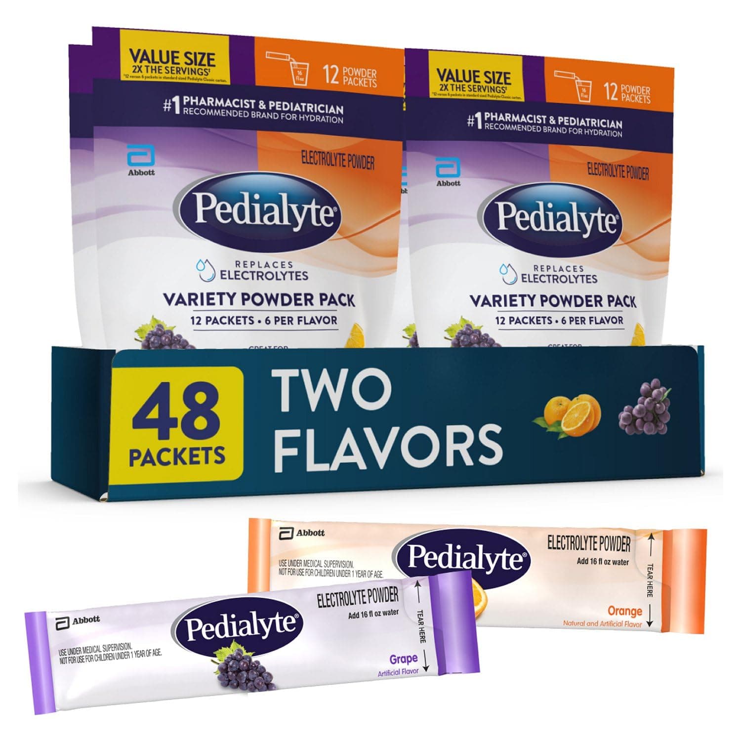 Pedialyte Electrolyte Powder, Hydration Drink for Kids & Adults, Variety Pouch: Grape and Orange, 48 Powder Packets