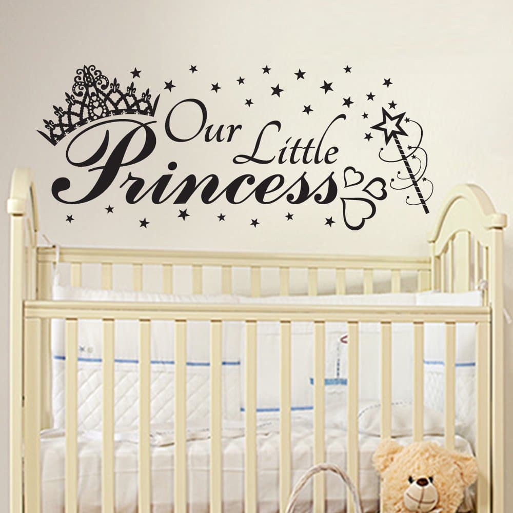 TopZog OUR LITTLE PRINCESS, quote wall art sticker decal with tiara, hearts and magic wand, for baby girls nursery, BLACK, 100x42 cm