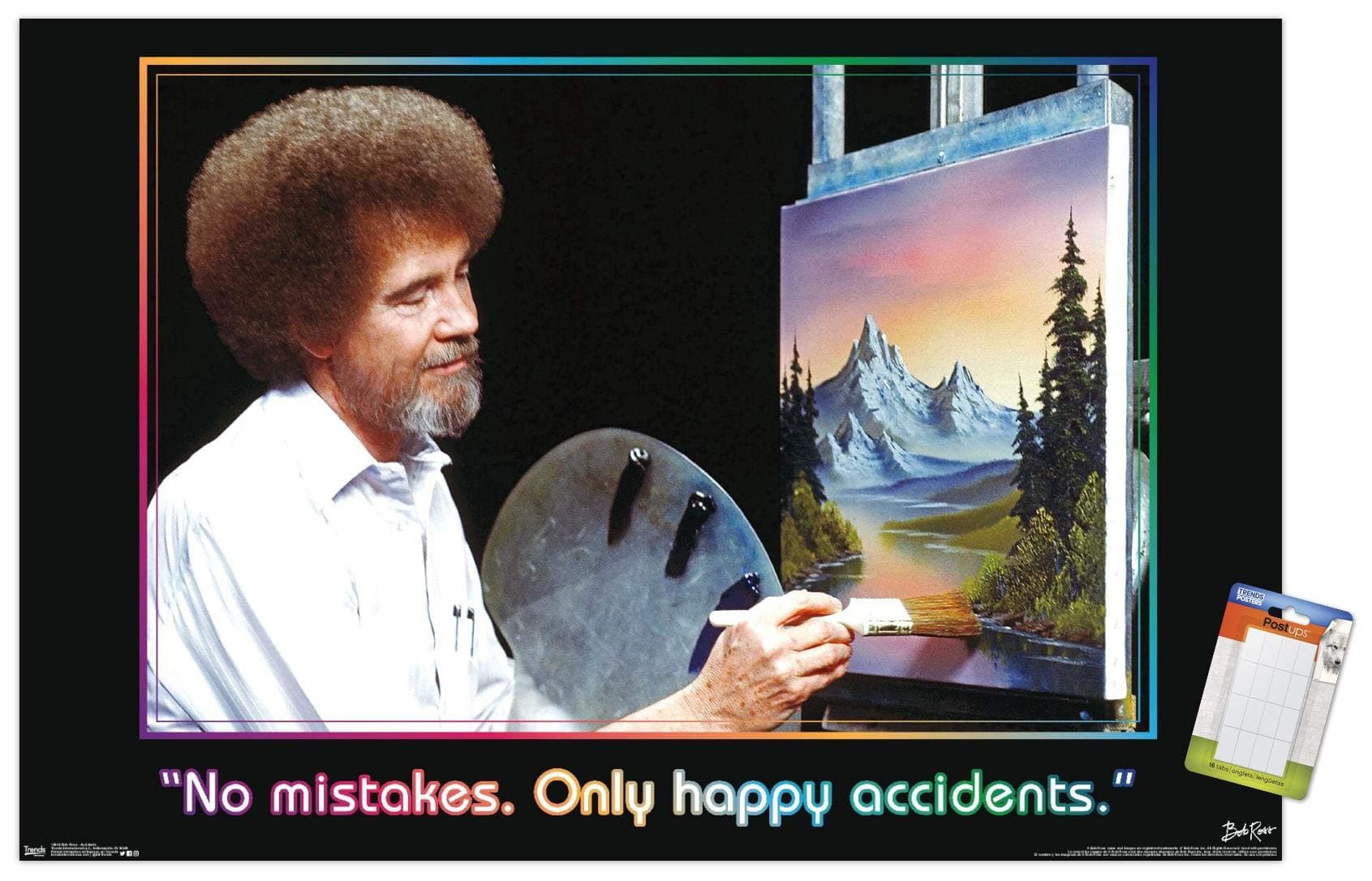 Trends International Bob Ross - No Mistakes. Only Happy Accidents Wall Poster, 22.375" x 34", Premium Poster & Mount Bundle