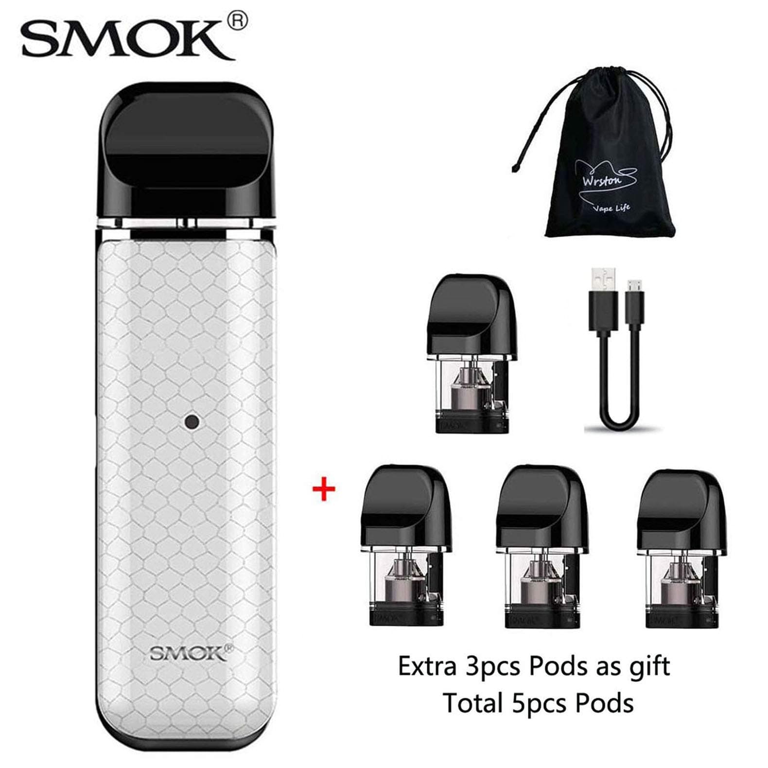 SMOK Novo Kit Built-in 450mAh Battery 2ml Refillable Pod System Come with Extra 3pcs Novo Pods Vape Pen Starter Kit no Nicotine (White Cobra)