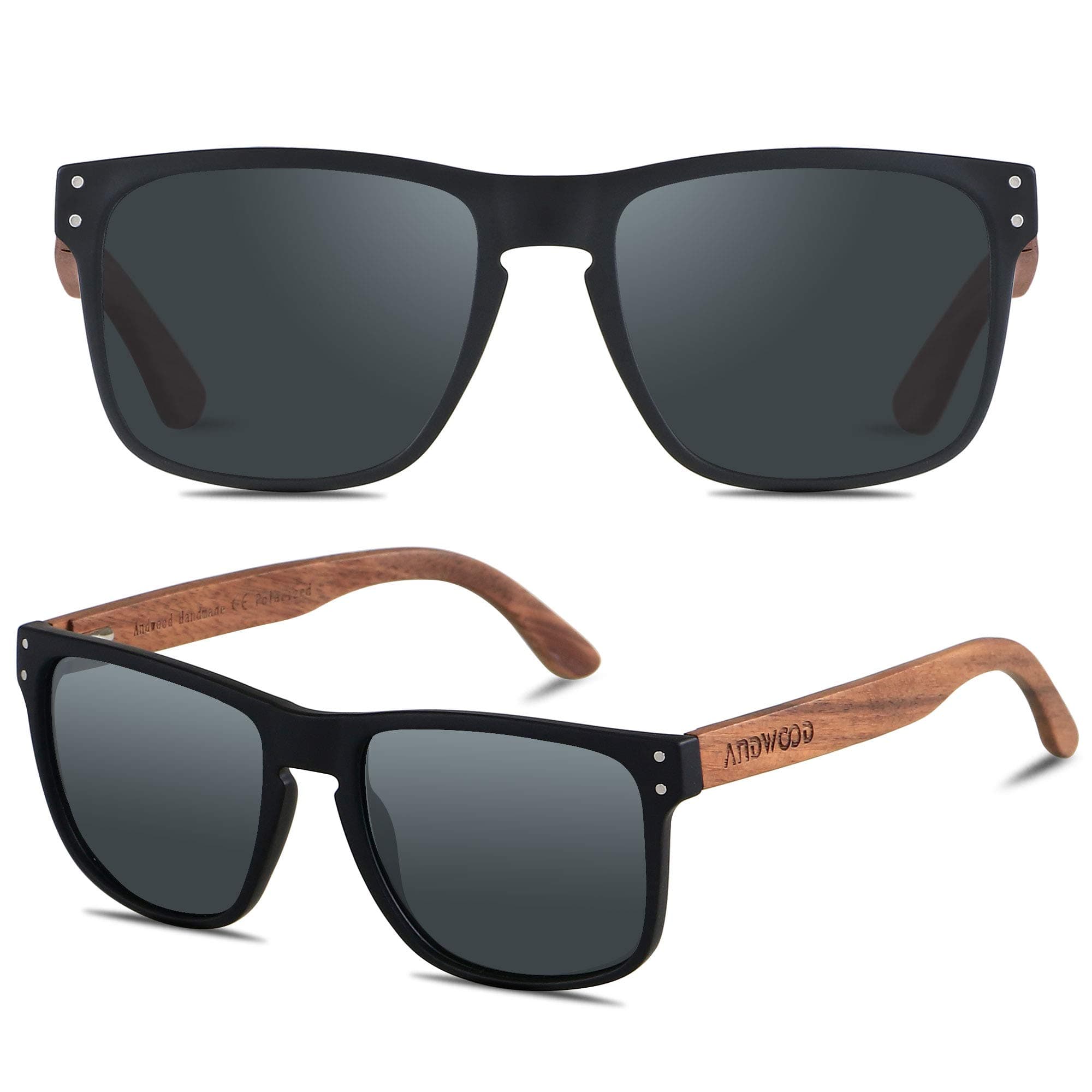 ANDWOOD Mens SunglPolarized UV Protection Wooden Frame Beach GlRectangular