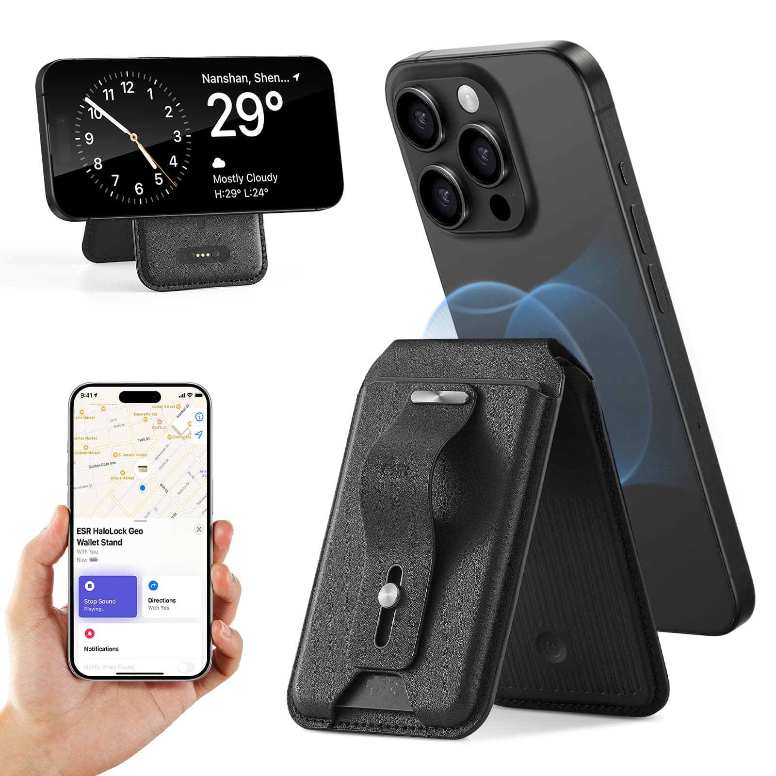 [ESR] MagSafe Compatible Card Case, Full Support "Find Out" HaloLock Geo Wallet Stand MagSafe Wallet with Adjustable Stand Wallet Tracker for iPhone 16/16Plus/16Pro/16Pro Max/15/14/13/12 Series, Not