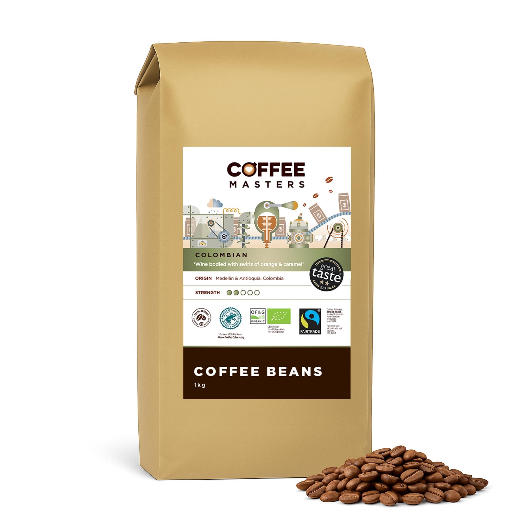 Colombian Organic Coffee Beans 1kg - Fairtrade, Single Origin, 100% Arabica, Light Roasted Whole Bean Ideal for Espresso Machines - Great Taste Award Winner