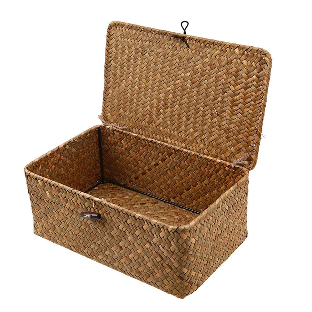 Esoes Wicker Storage Basket Woven Rattan Storage Box With Lids Seagrass Laundry Baskets Makeup Organizer For Bathroom, Living Room, Kitchen (L)