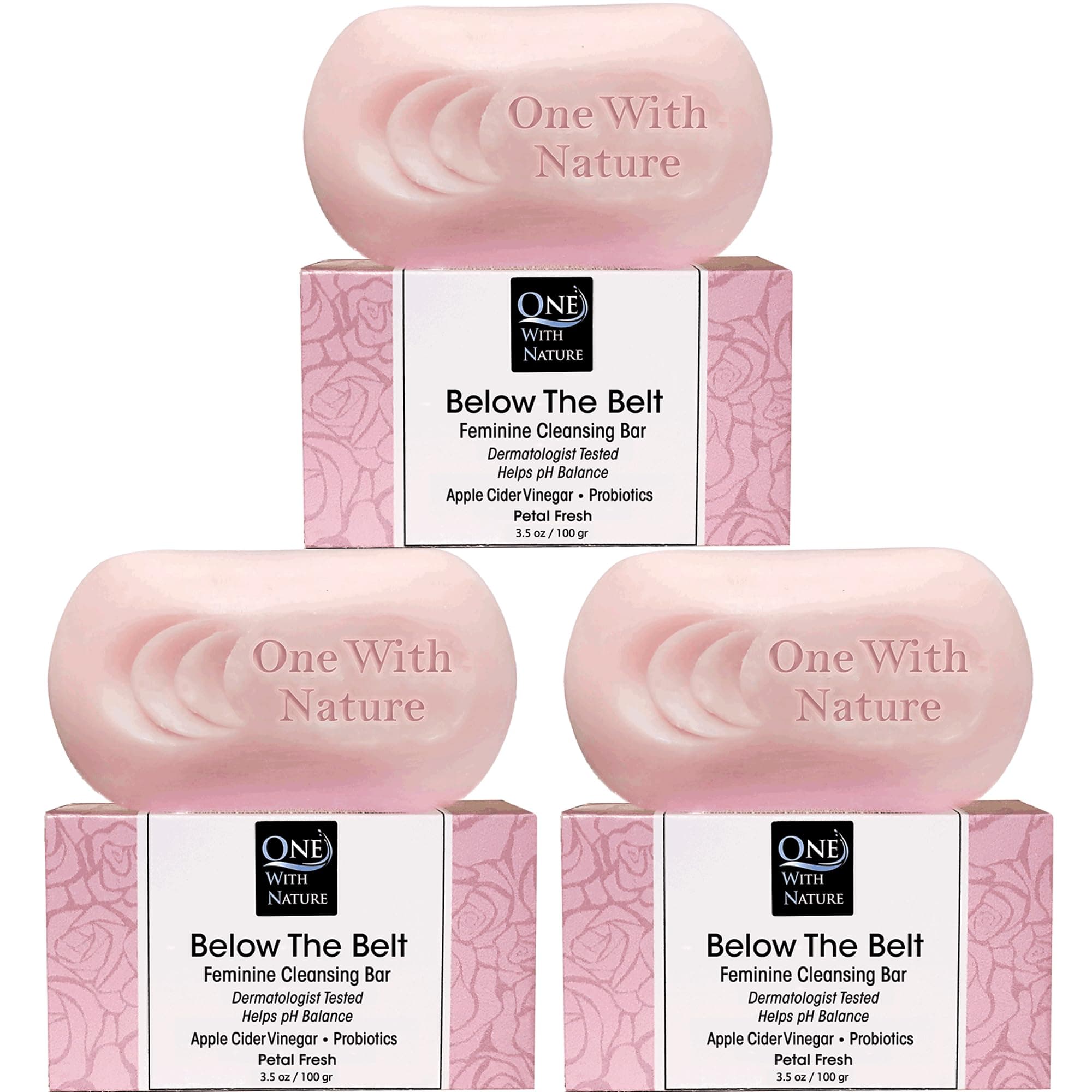 One With Nature Feminine Cleansing Below The Belt Bar, Rose Petal Fresh 3.5oz Bar 3Pack, Dermatologist Tested, Probiotics, Apple Cider Vinegar, Omega Fatty Acids, Oatmeal