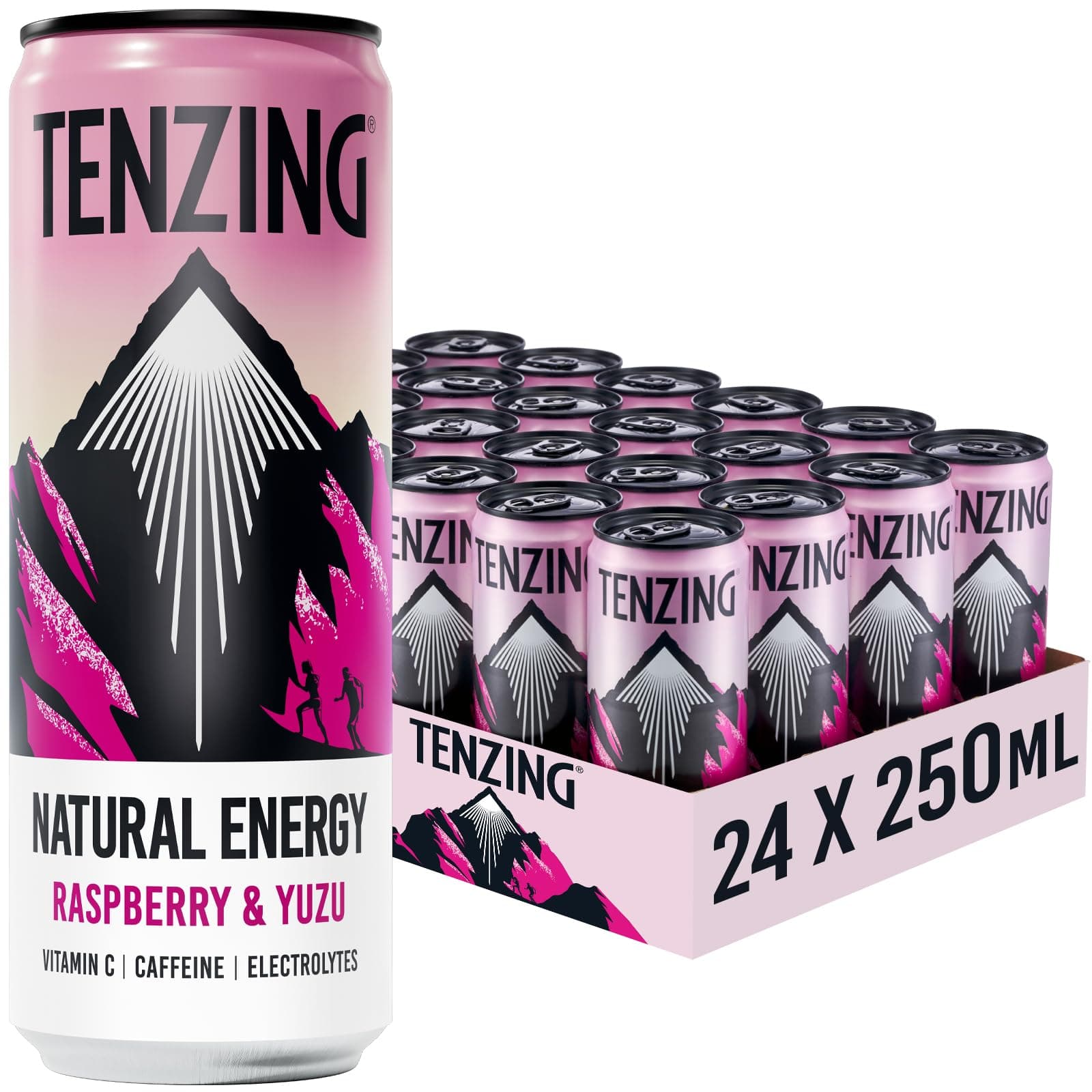 TENZING Natural Energy Drink, Plant Based, Vegan, & Gluten Free Drink, Raspberry & Yuzu, 250ml (Pack of 24)