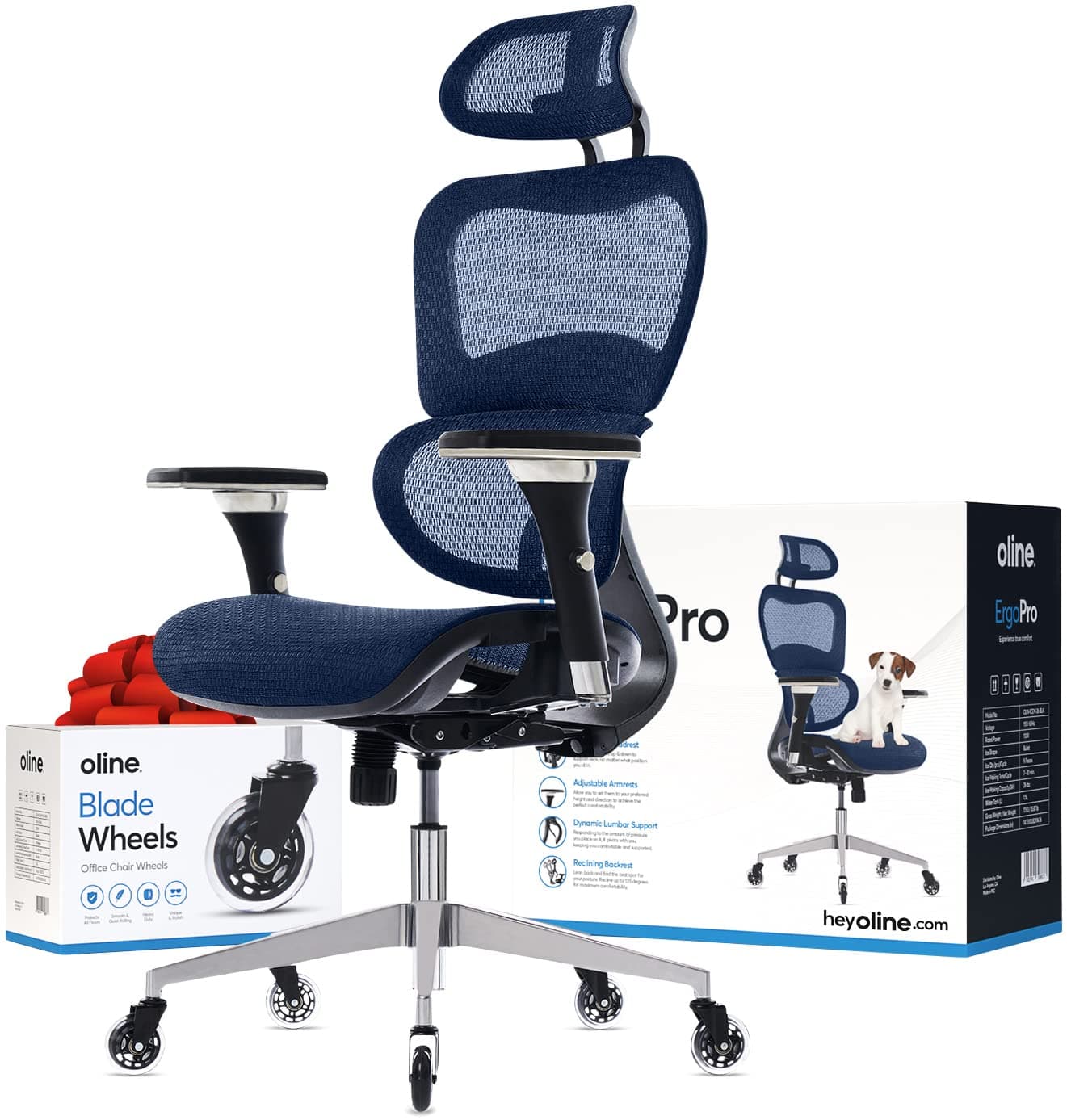 Oline ErgoPro Office Chair Ergonomic Rolling Chair with 4D Adjustable Armrests, 3D Lumbar Support and Blade Wheels, Mesh Computer Chair, Gaming Chairs, Swivel Chair (Navy Blue)