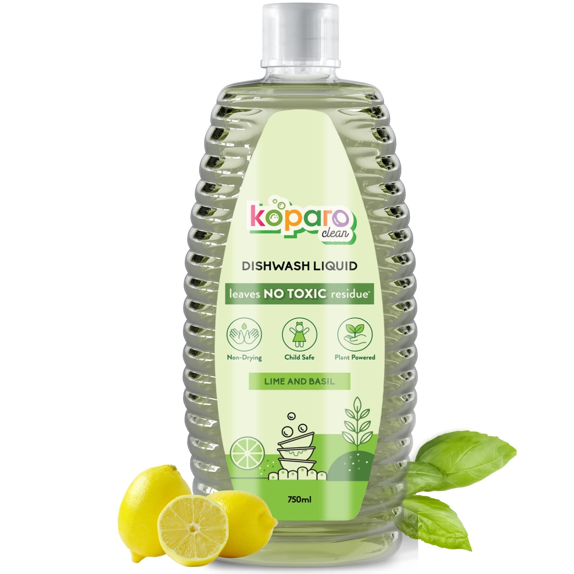 Koparo Organic Dishwash Liquid Lime And Basil Fragrance Natural, Plant Based & Eco-Friendly Removes Tough Grease, Soft on Hands Baby & Pet Safe Clear 500 ml (Pack of 1)
