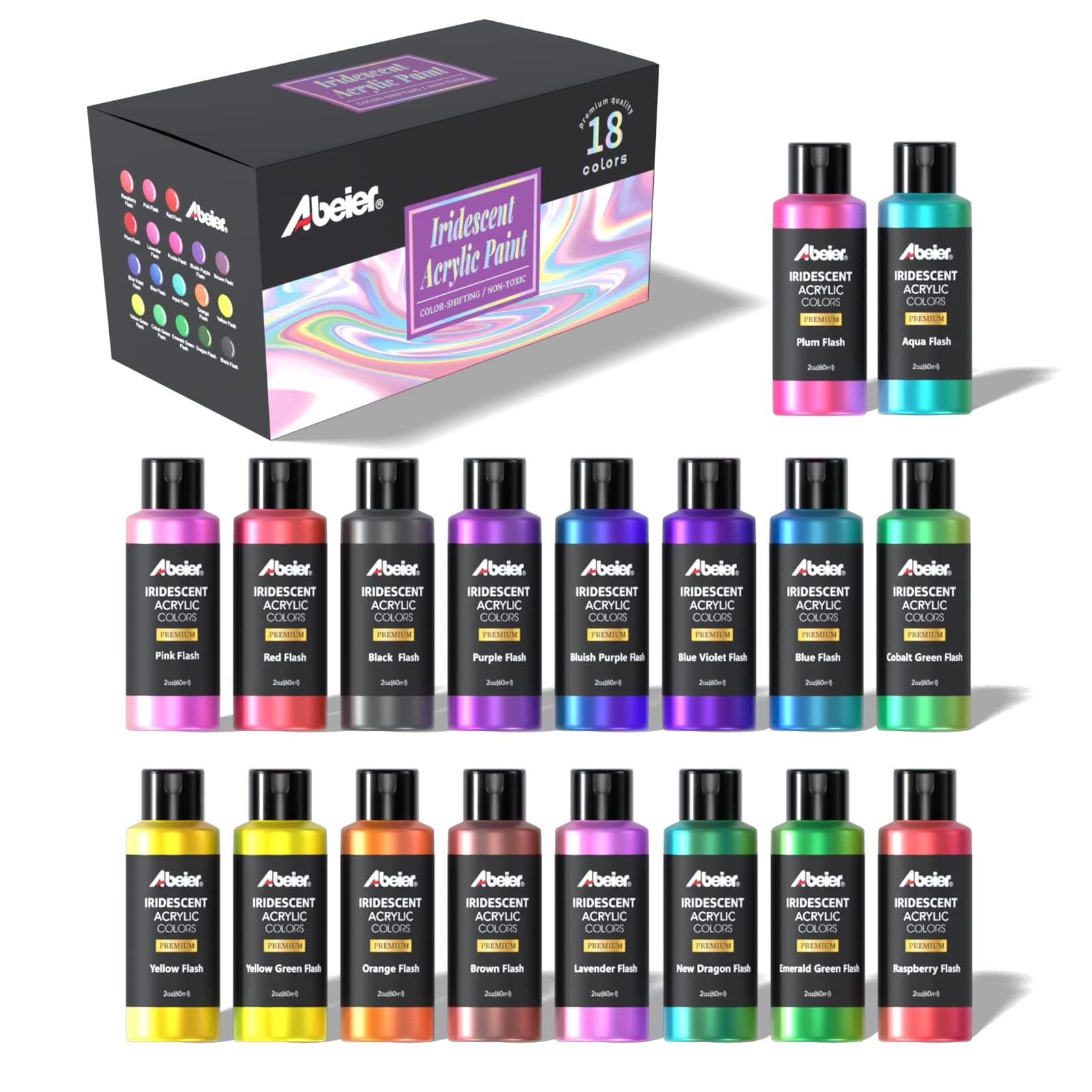 ABEIER Iridescent Acrylic Paint, Set of 18 Chameleon Colours, 2 oz/60ml Bottles, Colour Shifting, Non-Toxic, High Viscosity, Blendable, Paints on Rocks Crafts Canvas Wood, Fabric, Ceramic & Stone