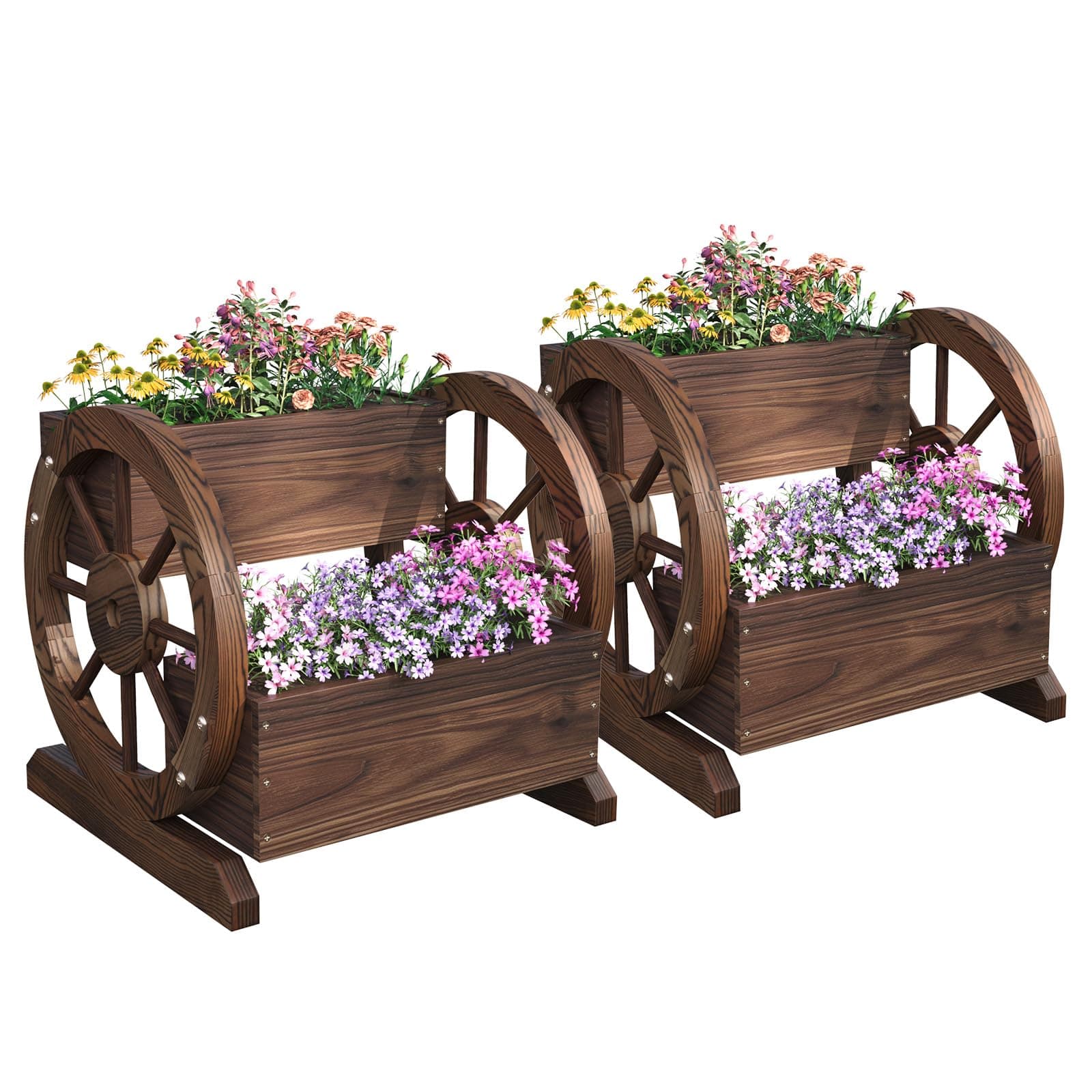 Aoxun 2 Pcs Wooden Wagon Planter Box, 2 Tier Planter for Outdoor Plants, Garden Decor for Outside, Flower Pots, Patio Decoration, Herb Cart with Rustic Wood Wheels, Porch Décor AccessoriesRecycled Claim Standard Blended