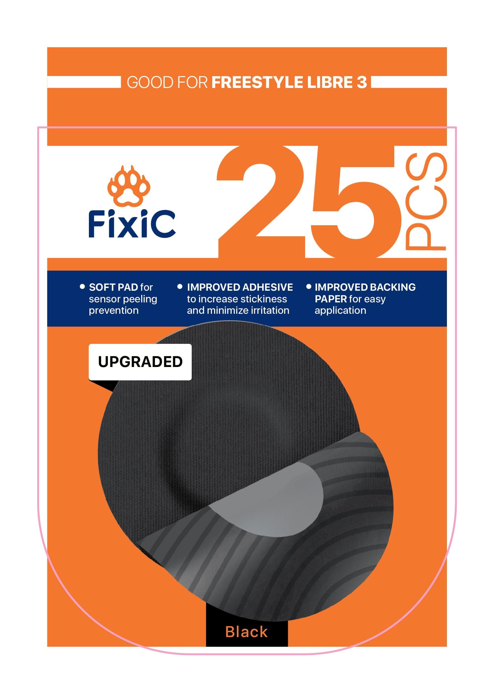 Fixic Libre 3 Sensor Covers - 25 Pack - Freestyle Adhesive Patches for Libre 3 & Plus Sensors - No Glue in The Center - Pre-Cut Back Paper - The Best Fixation for Your Sensor! (Upgraded, Black)