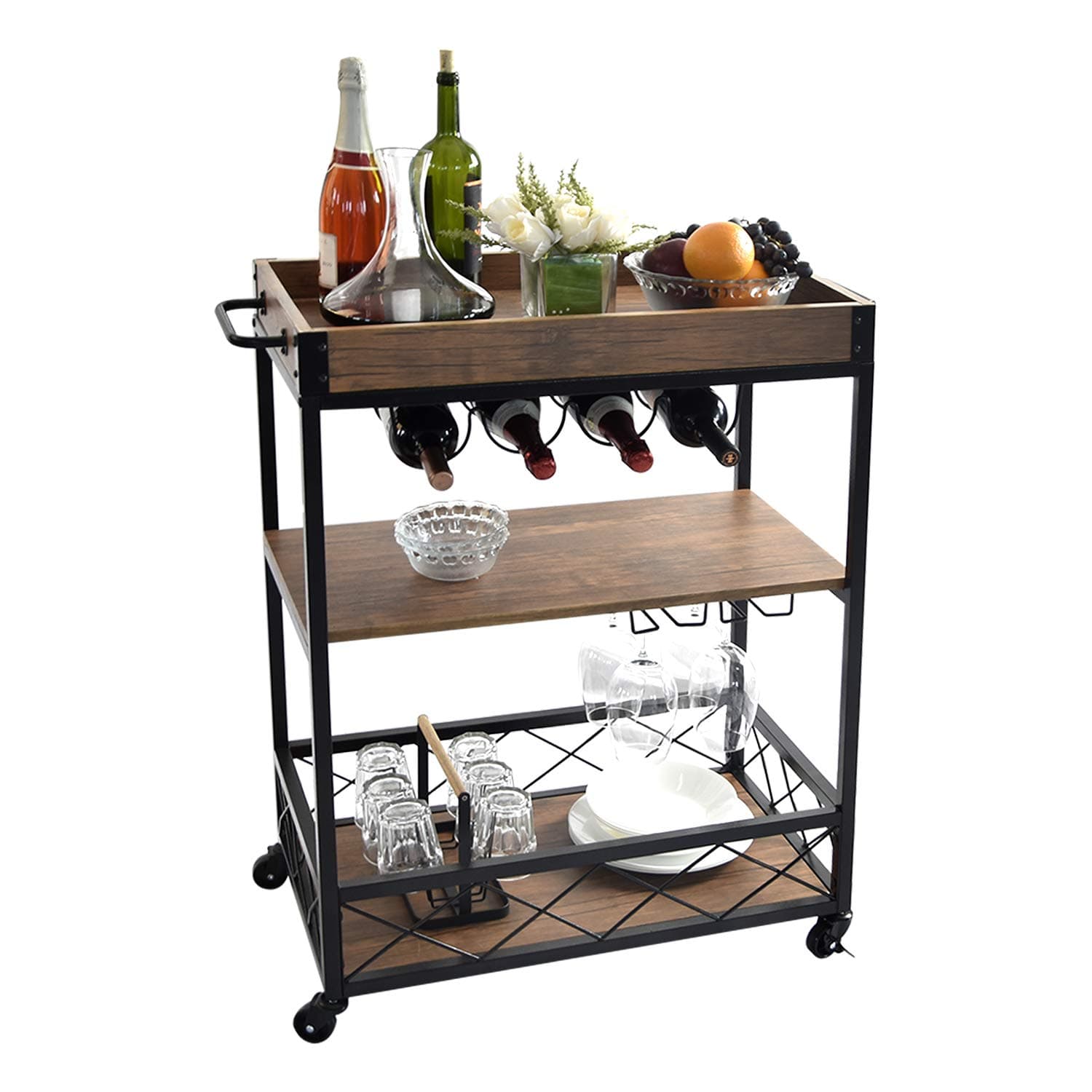 NSdirect Kitchen Cart,Industrial Kitchen Bar&Serving Cart Rolling Utility Storage Cart with 3-Tier Shelves,Metal Wine Rack Storage and Glass Bottle Holder,Removable Wood Top Box Container,Brown