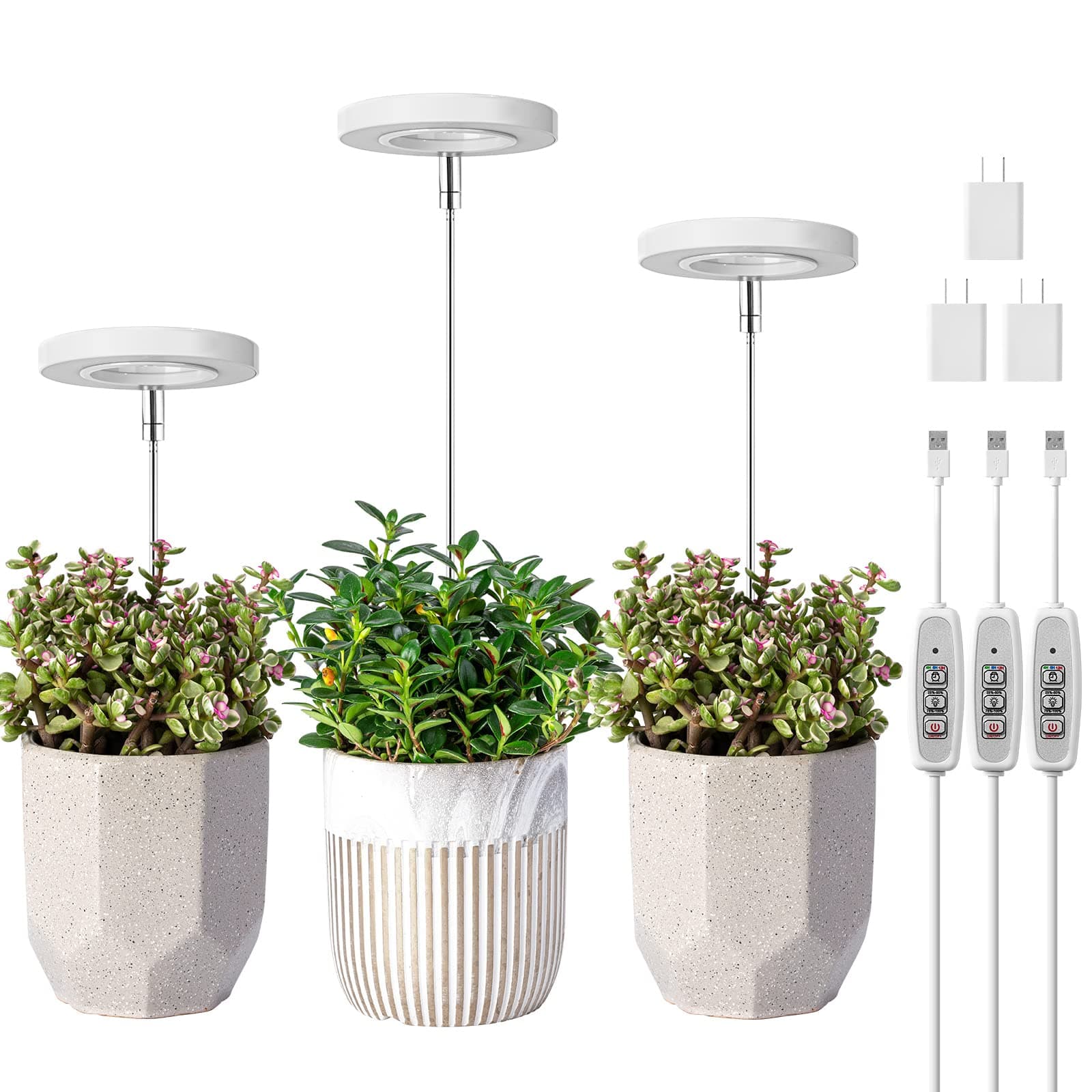 Grow Light, Full Spectrum LED Plant Light for Indoor Plants, Height Adjustable Growing Lamp with Auto On/Off Timer 4/8/12H, 4 Dimmable Brightness, Ideal Small Pack of 3, Warm White