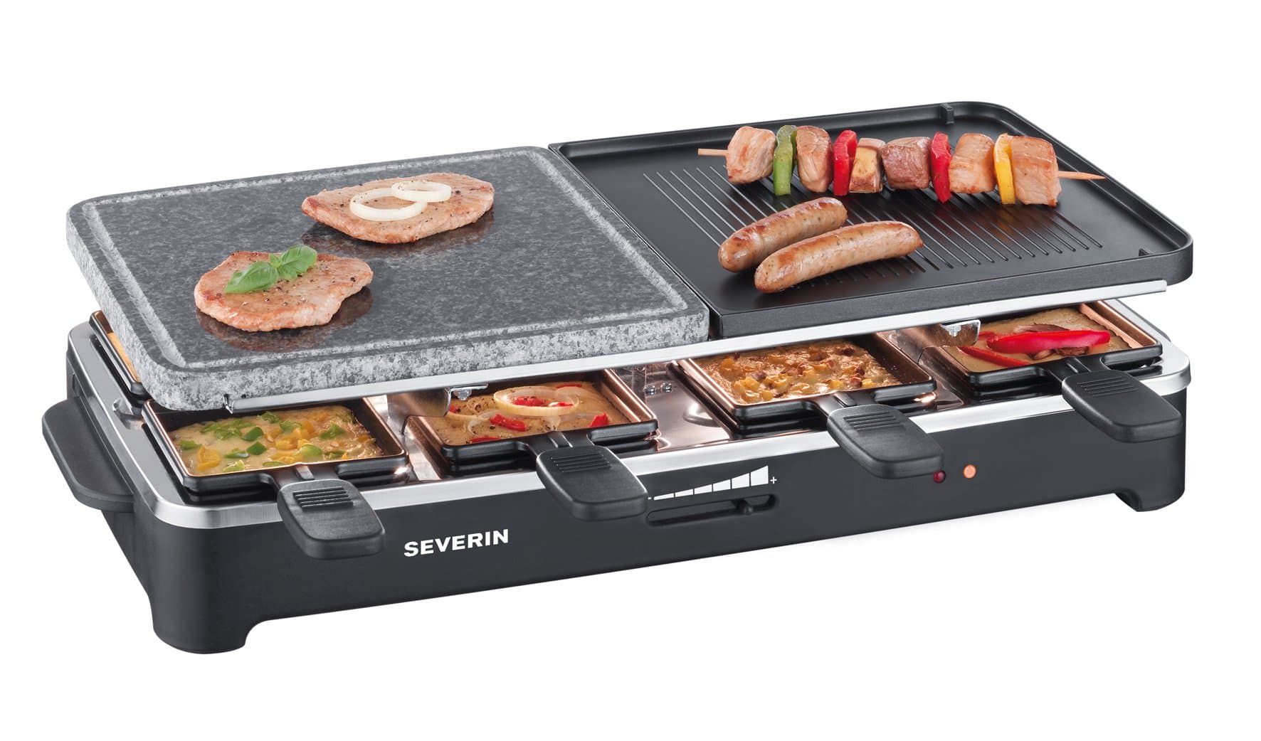 Severin 2341-3P RG 2341 Raclette Party Natural Grill Stone, Crêpes and 8 Mini Pans, 1500 W, Plastic, Black